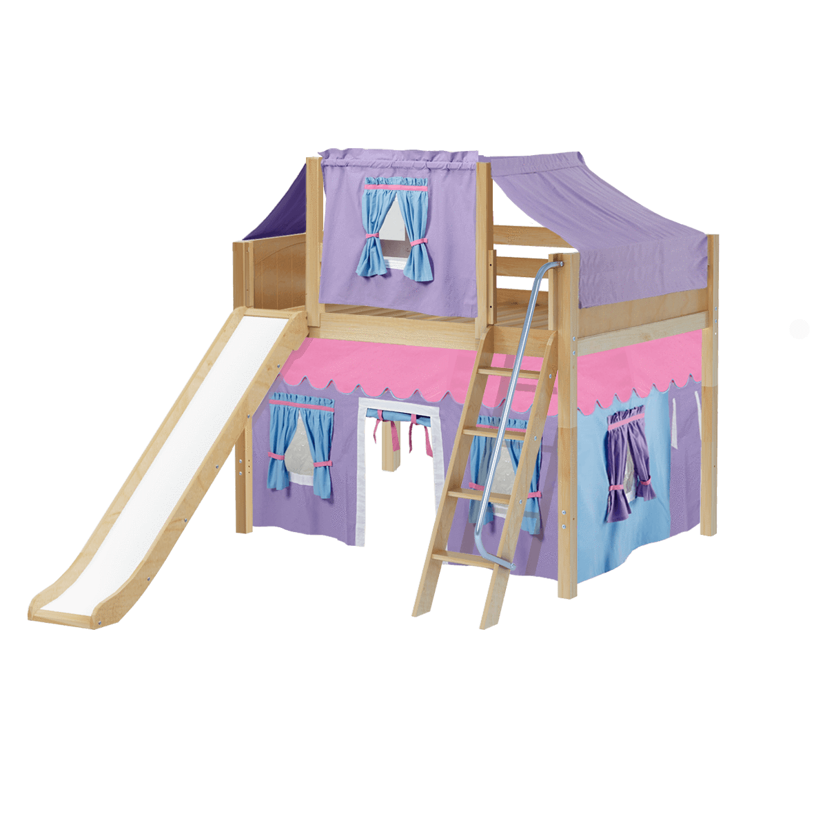 Maxtrix Full Mid Loft Bed with Angled Ladder, Curtain, Top Tent + Slide