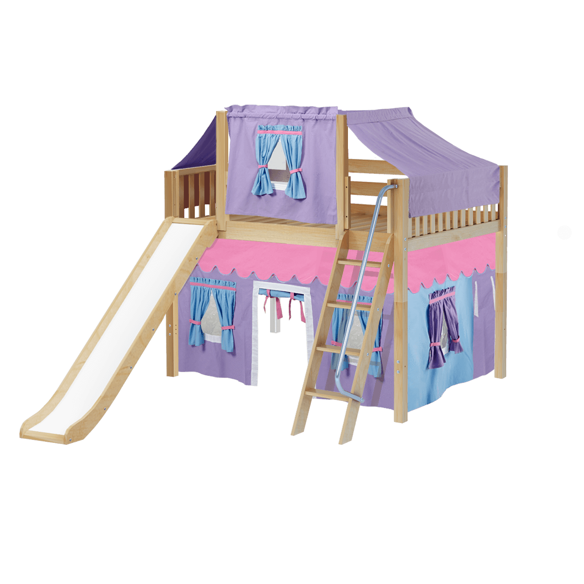 Maxtrix Full Mid Loft Bed with Angled Ladder, Curtain, Top Tent + Slide