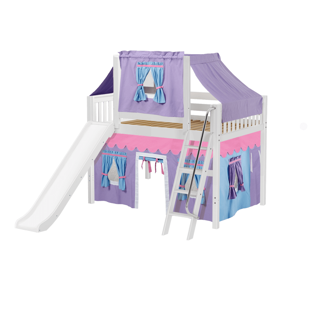 Maxtrix Full Mid Loft Bed with Angled Ladder, Curtain, Top Tent + Slide