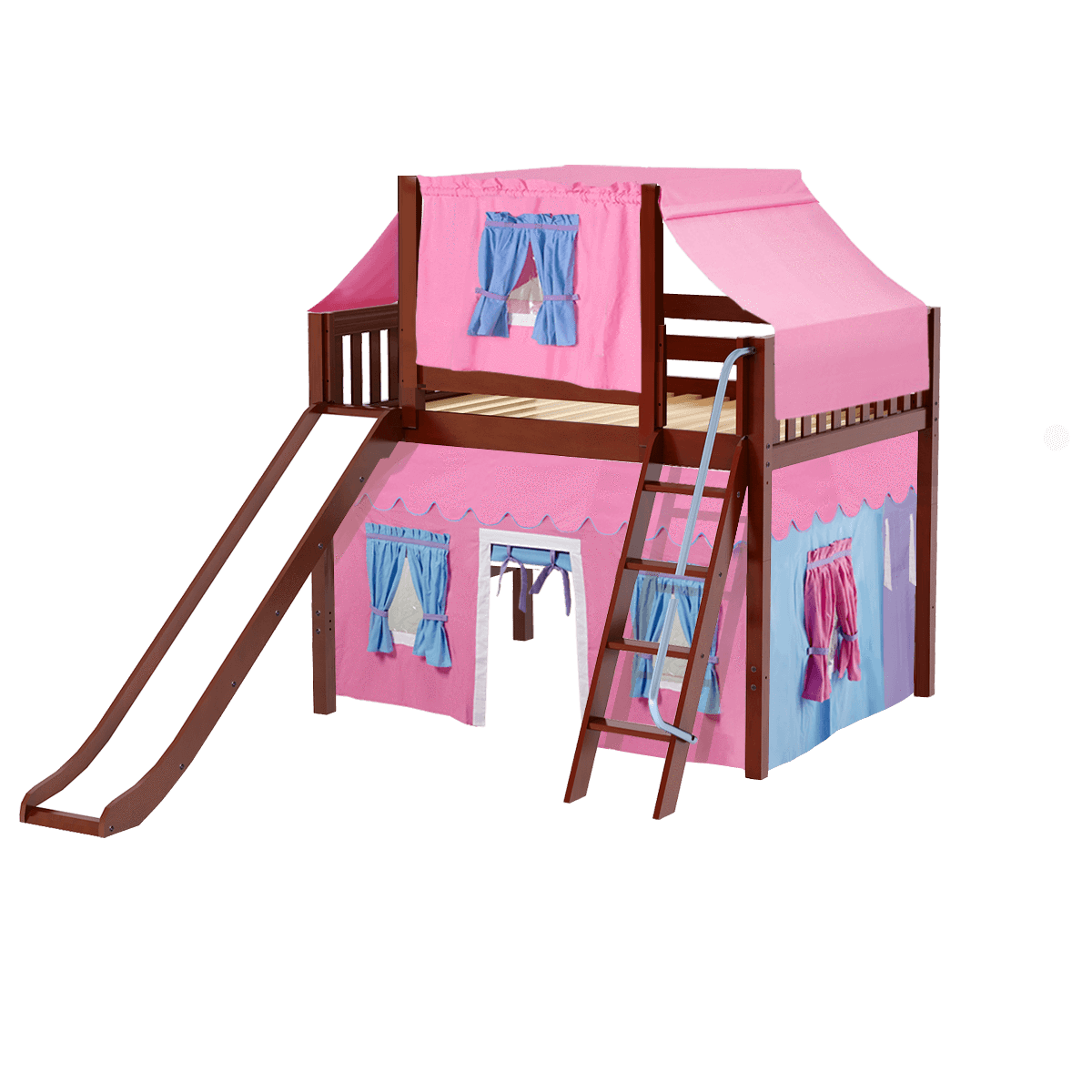 Maxtrix Full Mid Loft Bed with Angled Ladder, Curtain, Top Tent + Slide