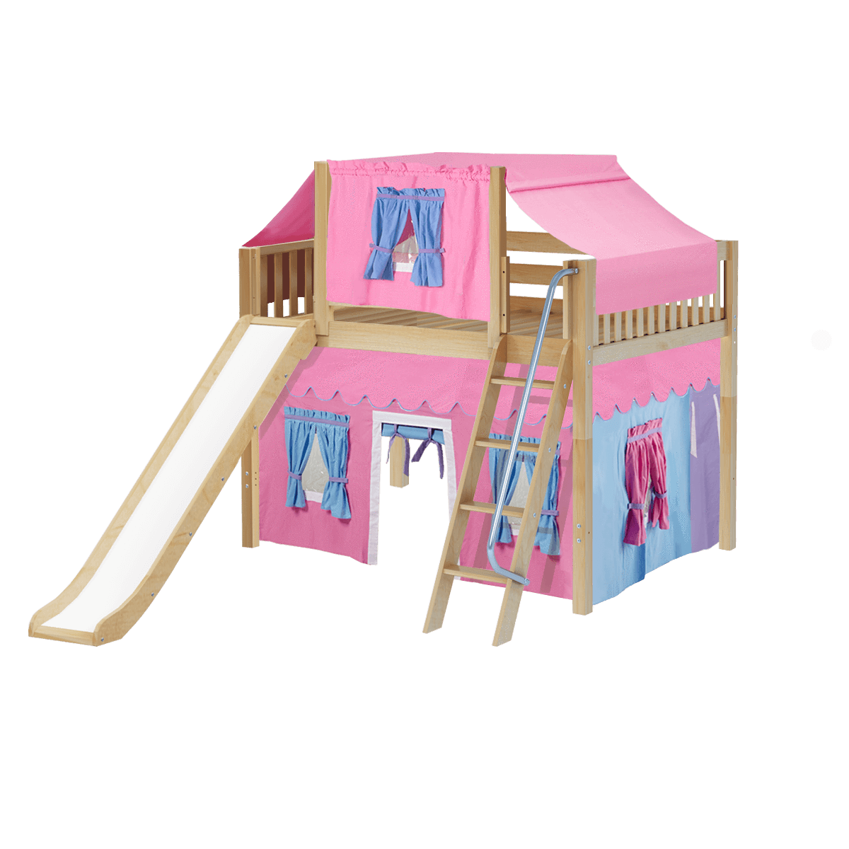 Maxtrix Full Mid Loft Bed with Angled Ladder, Curtain, Top Tent + Slide