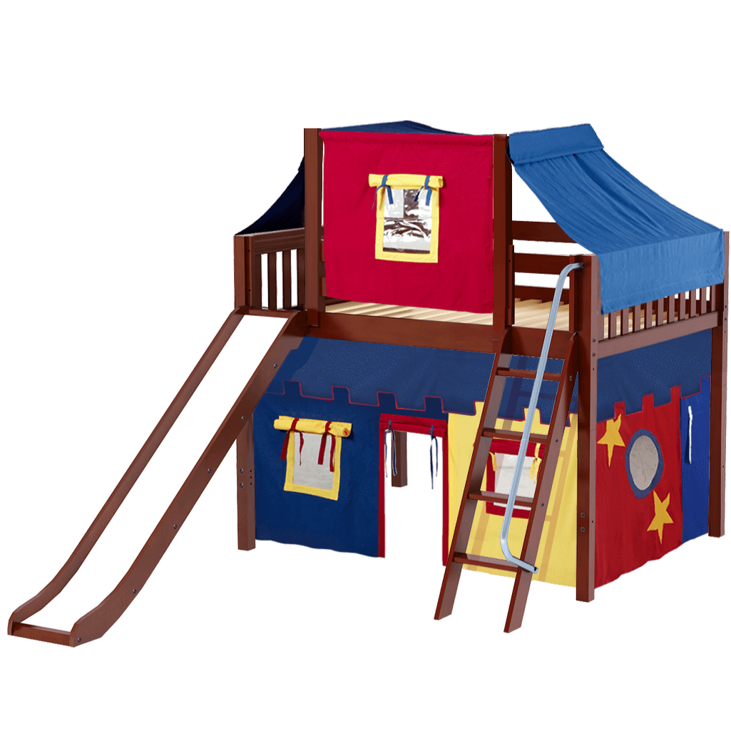 Maxtrix Full Mid Loft Bed with Angled Ladder, Curtain, Top Tent + Slide