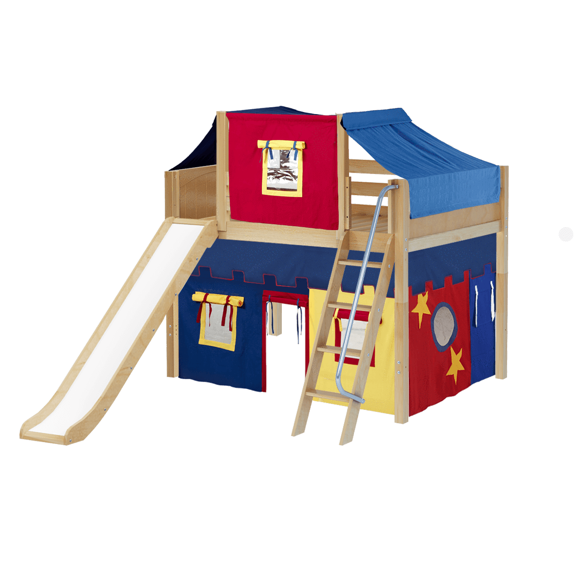 Maxtrix Full Mid Loft Bed with Angled Ladder, Curtain, Top Tent + Slide