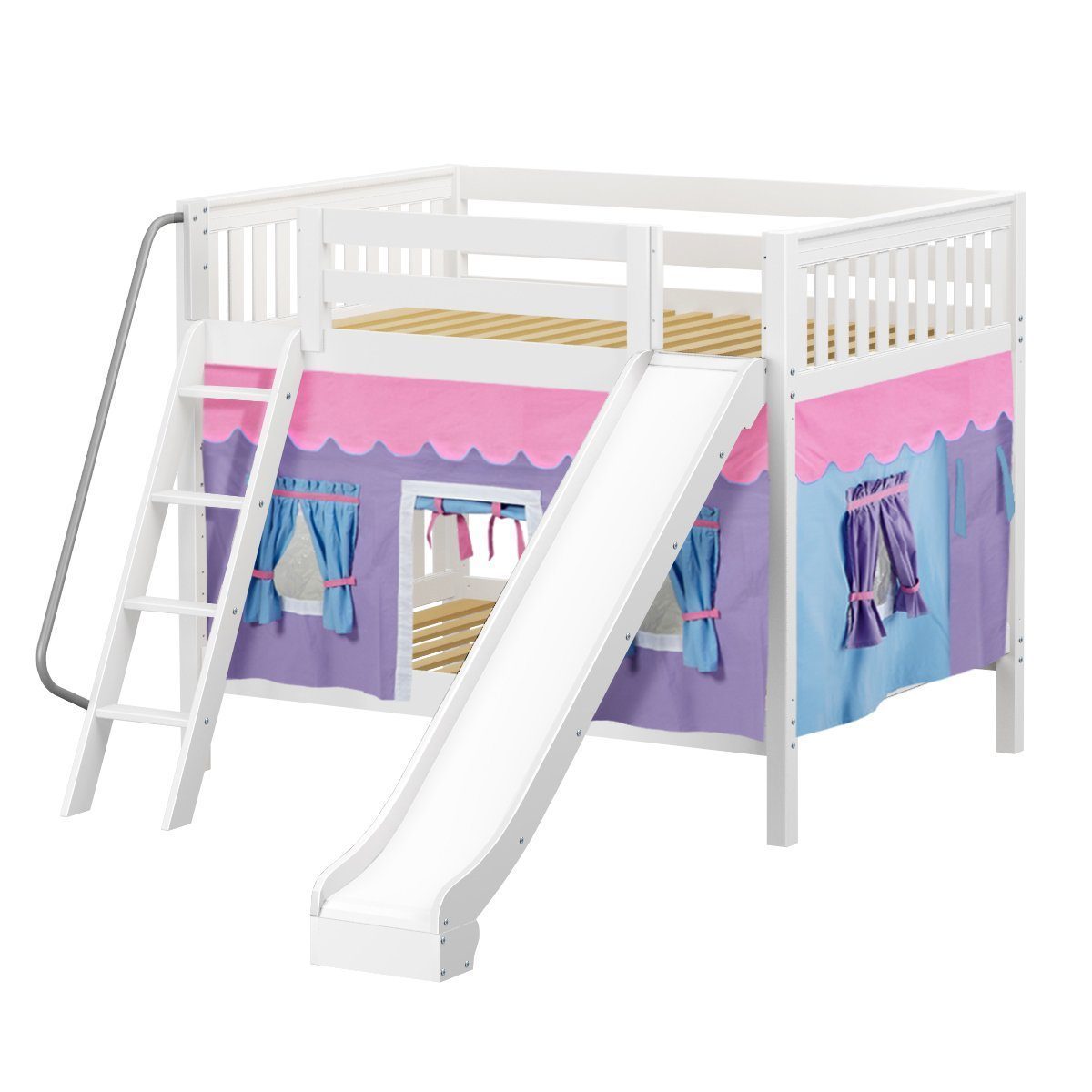 Maxtrix Full Medium Bunk Bed with Angled Ladder, Curtain + Slide