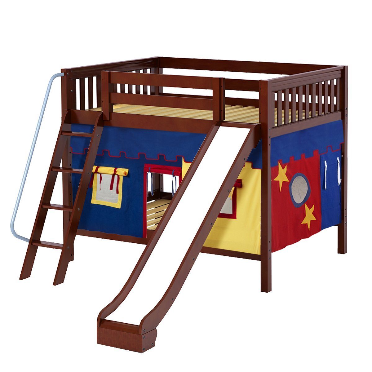 Maxtrix Full Medium Bunk Bed with Angled Ladder, Curtain + Slide