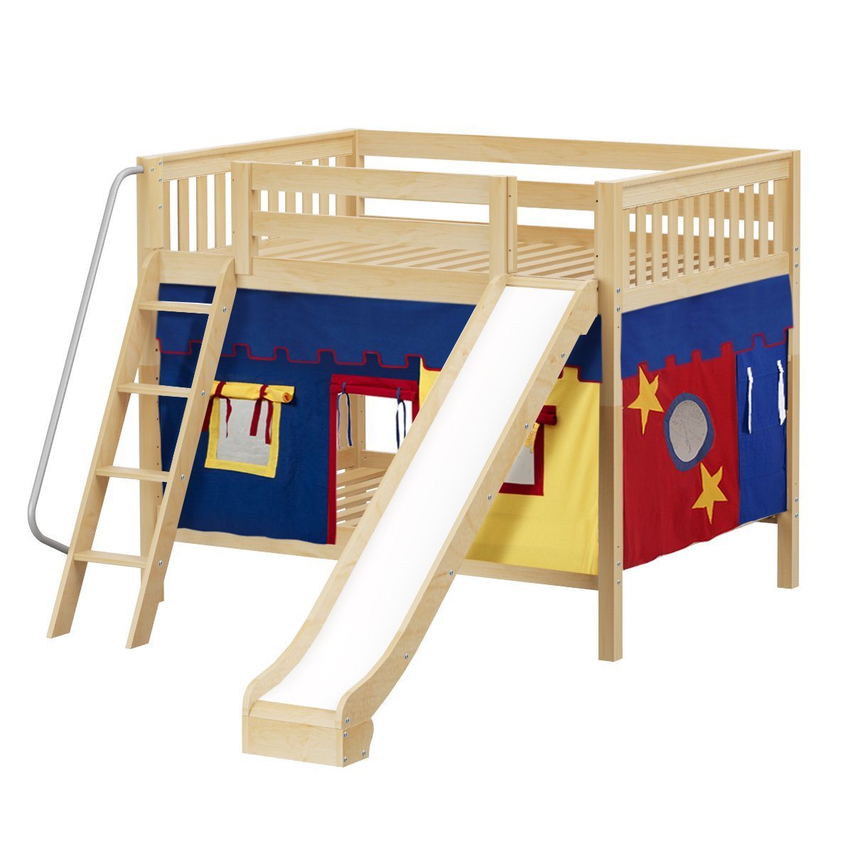 Maxtrix Full Medium Bunk Bed with Angled Ladder, Curtain + Slide