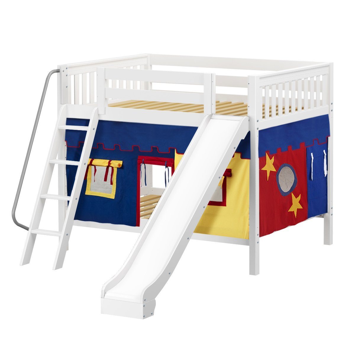 Maxtrix Full Medium Bunk Bed with Angled Ladder, Curtain + Slide