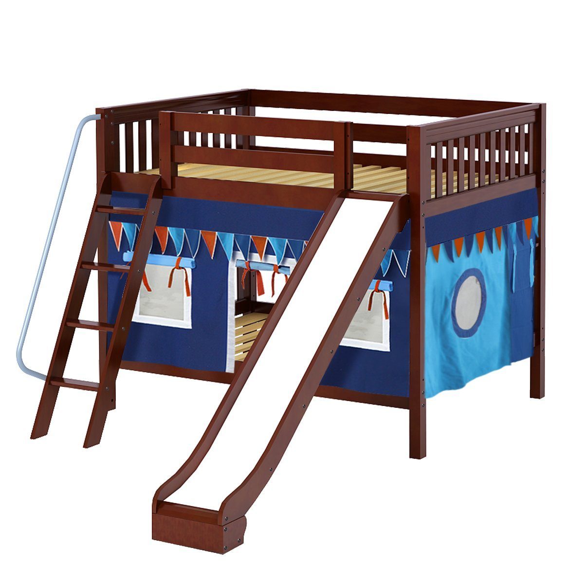 Maxtrix Full Medium Bunk Bed with Angled Ladder, Curtain + Slide