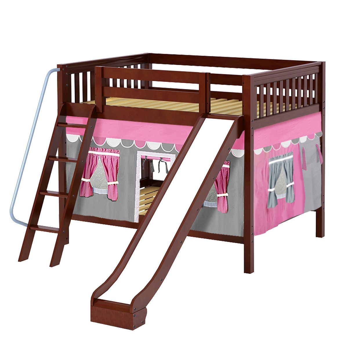 Maxtrix Full Medium Bunk Bed with Angled Ladder, Curtain + Slide