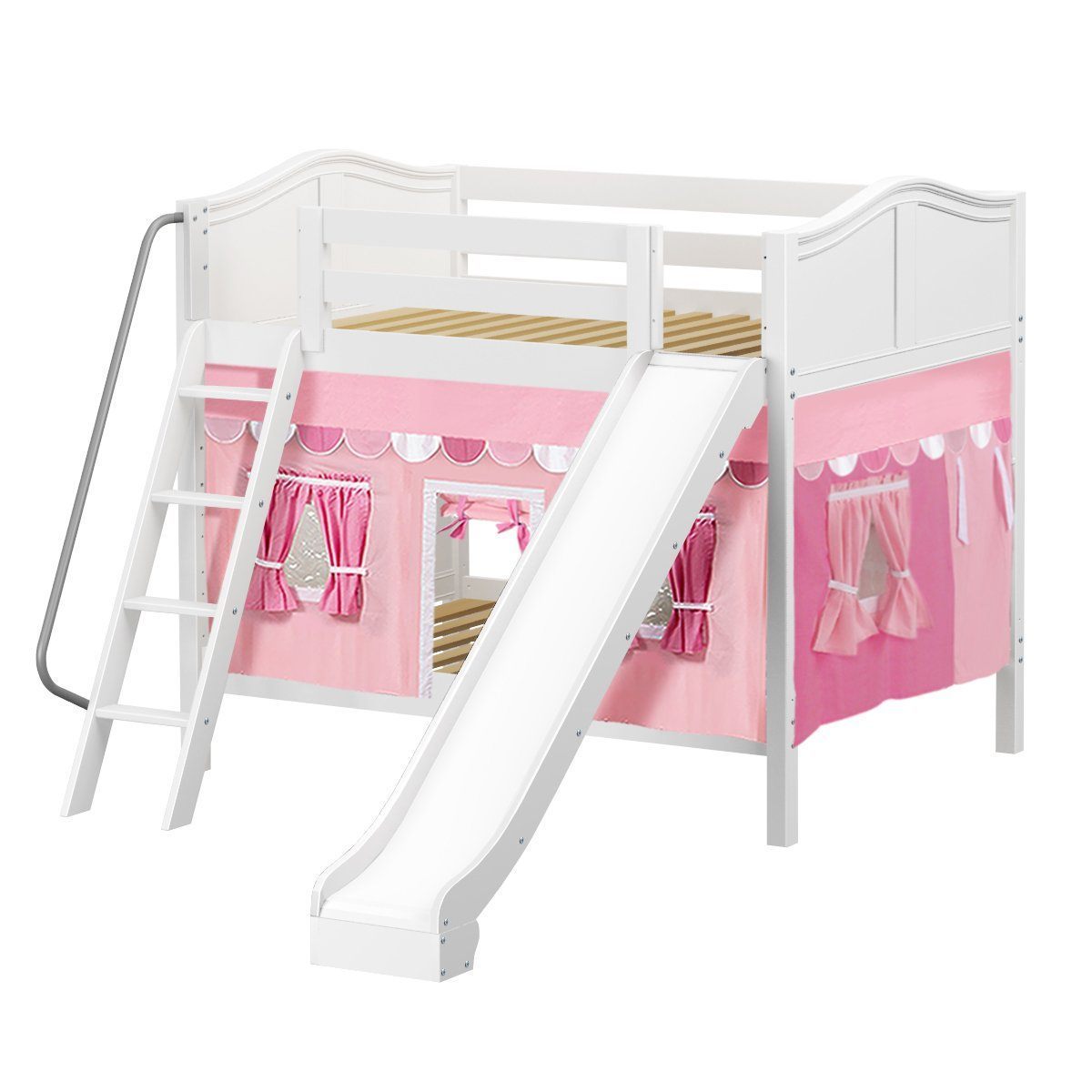 Maxtrix Full Medium Bunk Bed with Angled Ladder, Curtain + Slide