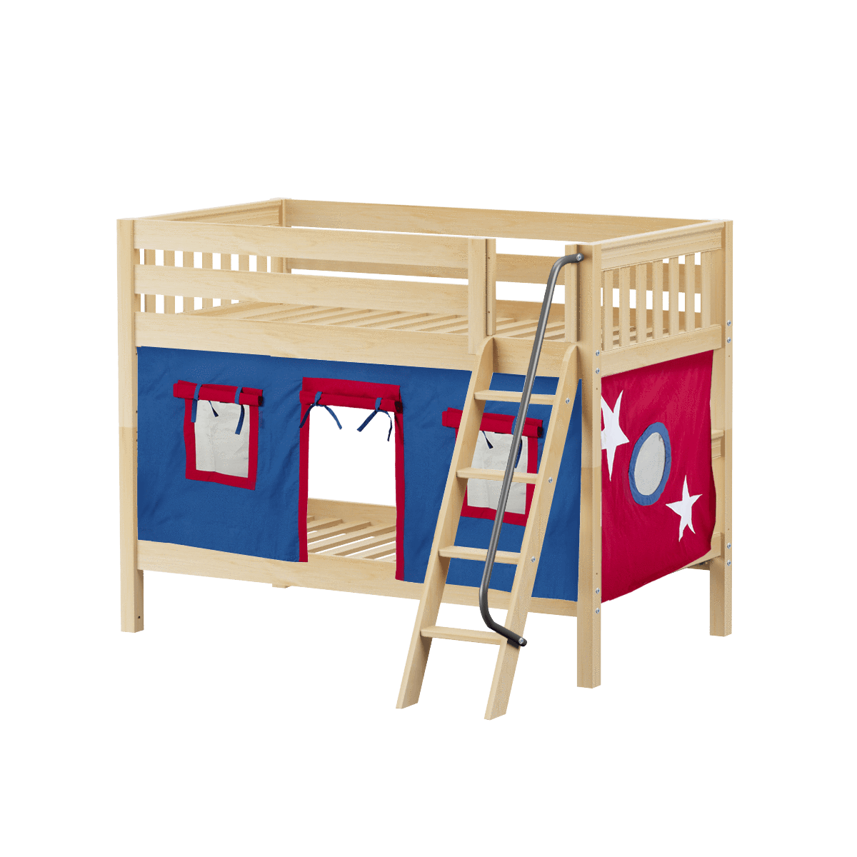 Maxtrix Twin Low Bunk Bed with Angled Ladder + Curtain