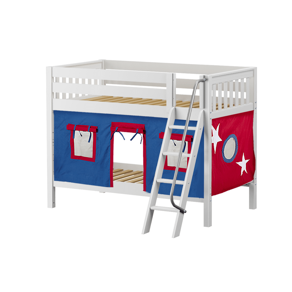 Maxtrix Twin Low Bunk Bed with Angled Ladder + Curtain