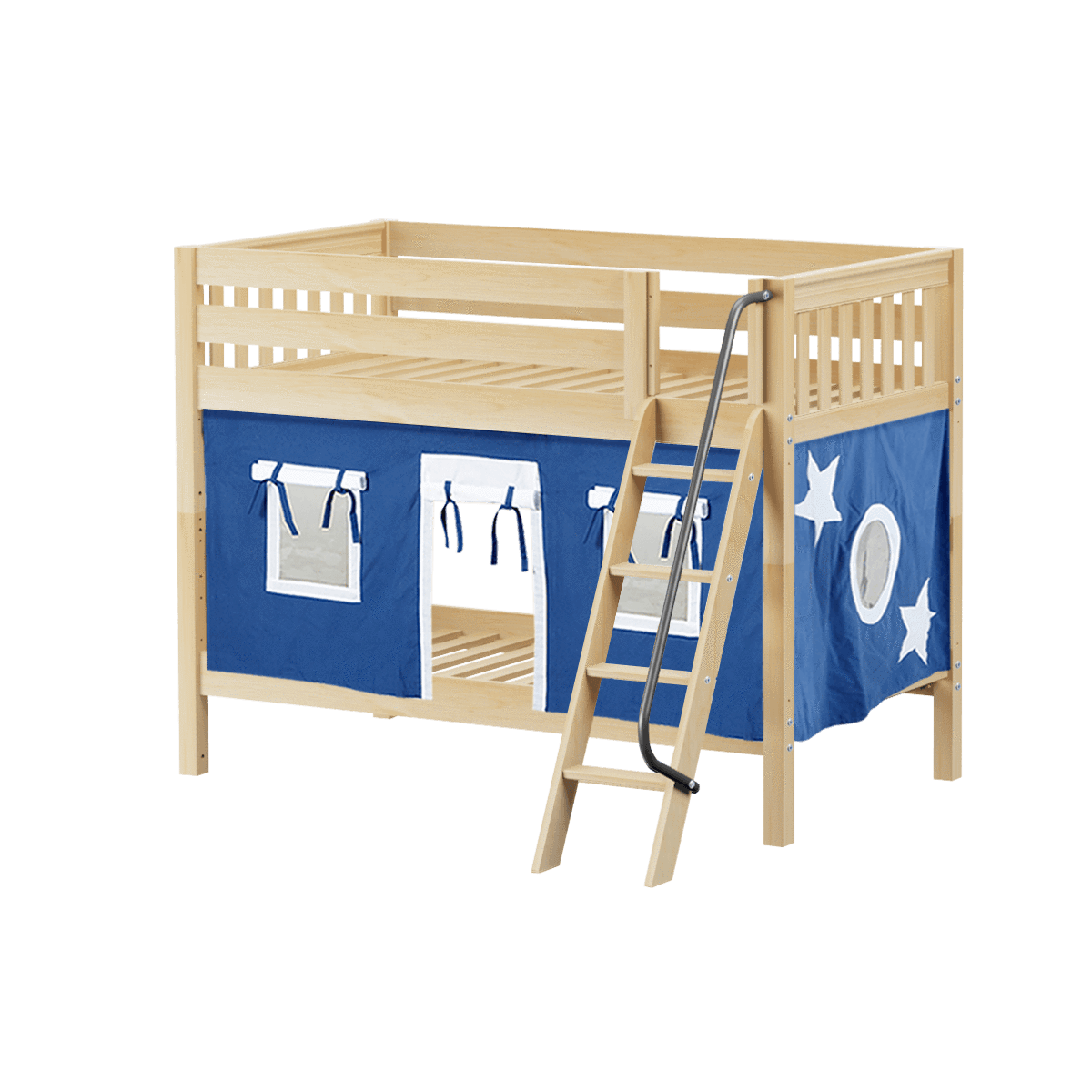 Maxtrix Twin Low Bunk Bed with Angled Ladder + Curtain