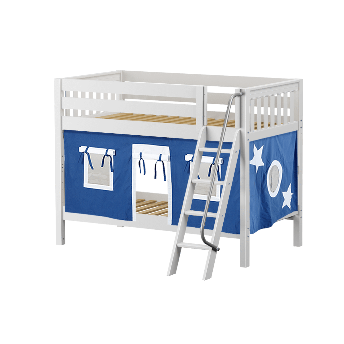 Maxtrix Twin Low Bunk Bed with Angled Ladder + Curtain