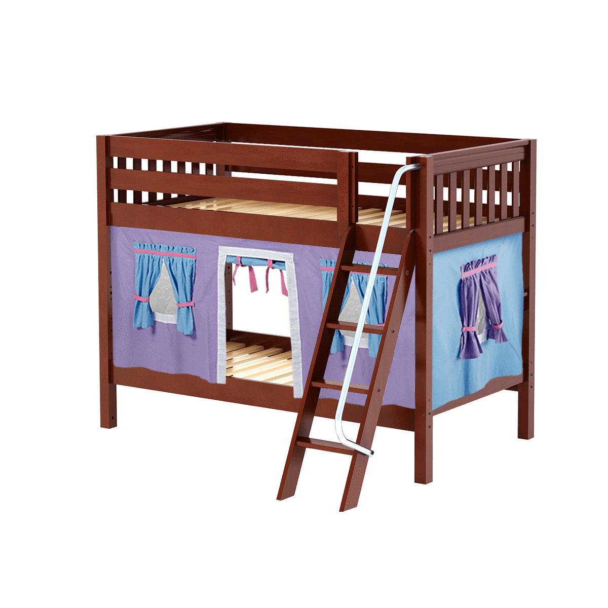 Maxtrix Twin Low Bunk Bed with Angled Ladder + Curtain