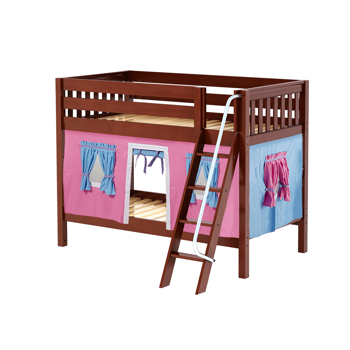 Maxtrix Twin Low Bunk Bed with Angled Ladder + Curtain