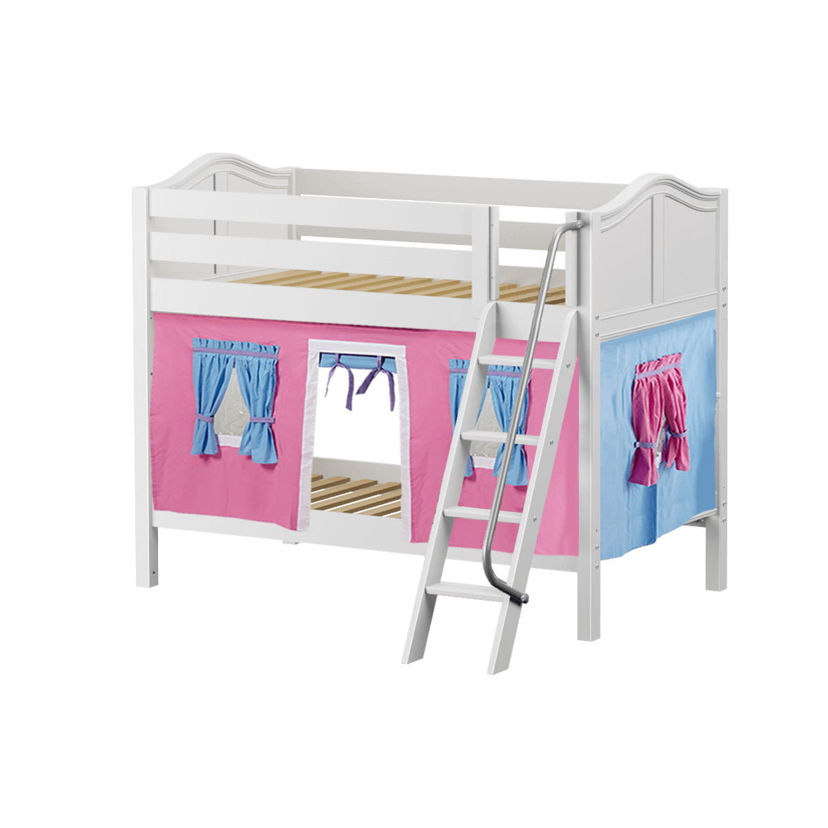 Maxtrix Twin Low Bunk Bed with Angled Ladder + Curtain