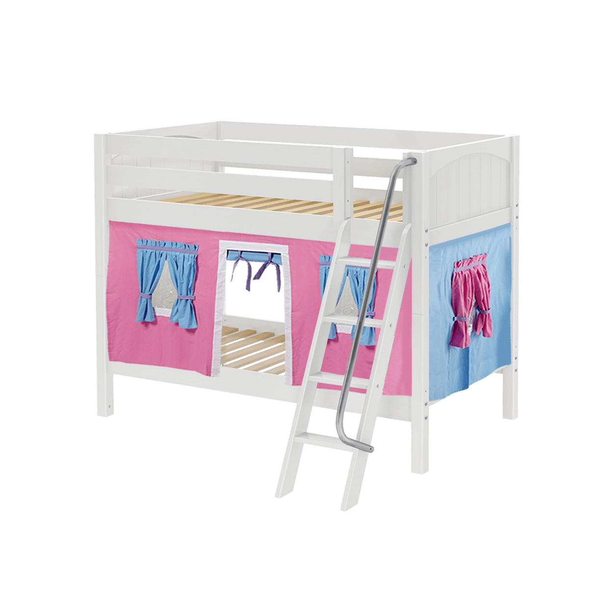 Maxtrix Twin Low Bunk Bed with Angled Ladder + Curtain