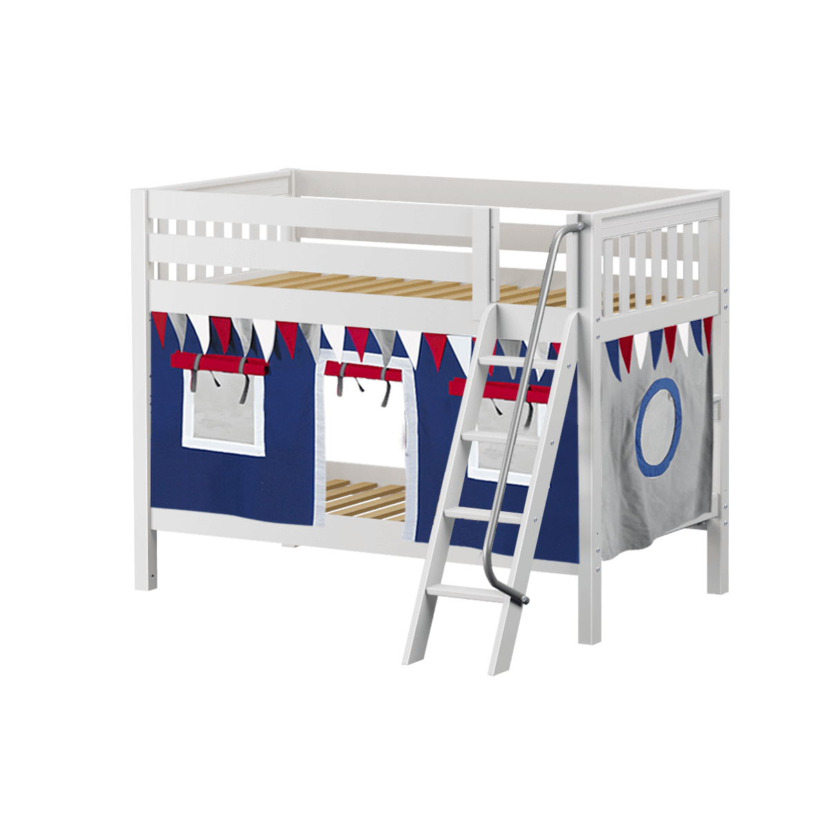 Maxtrix Twin Low Bunk Bed with Angled Ladder + Curtain