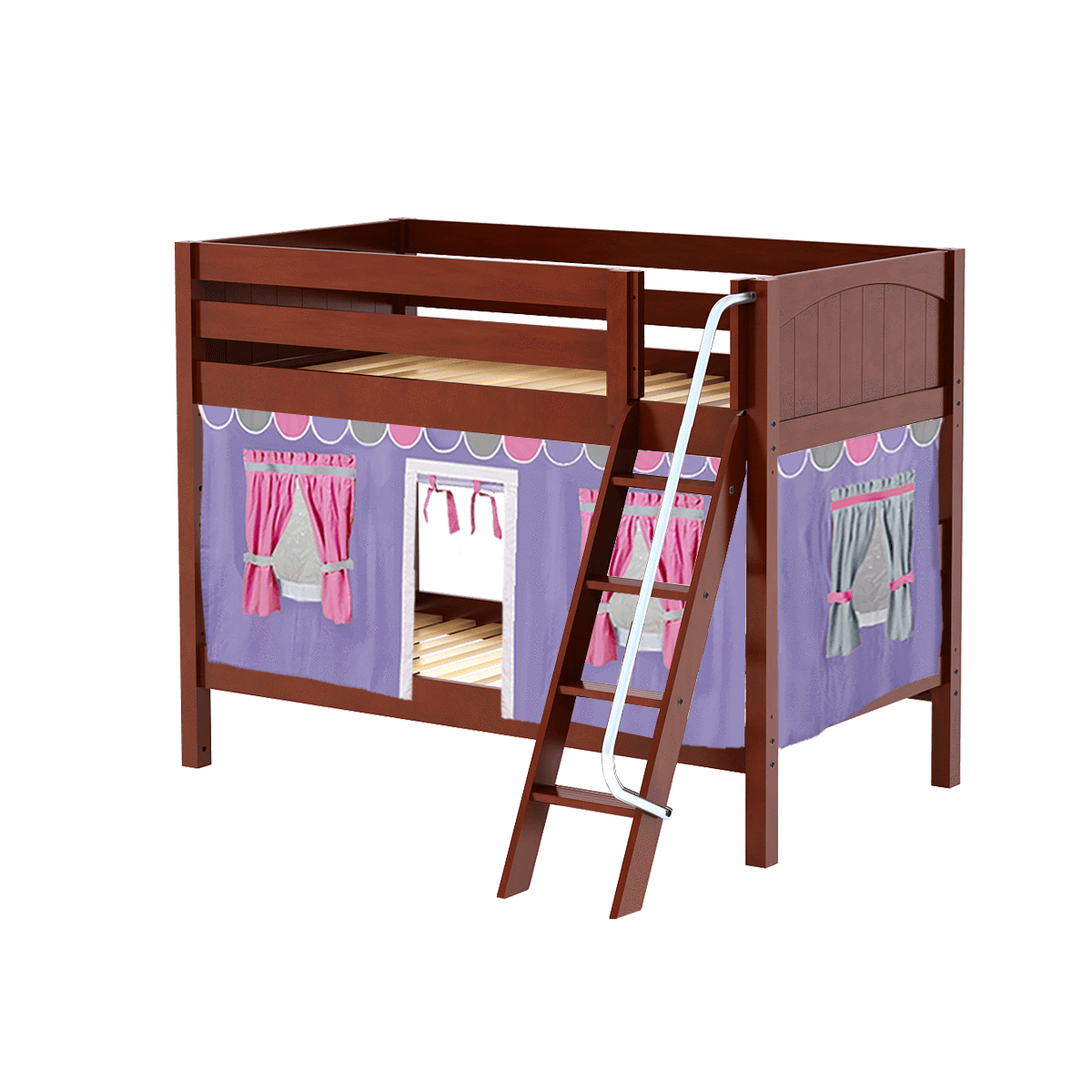 Maxtrix Twin Low Bunk Bed with Angled Ladder + Curtain