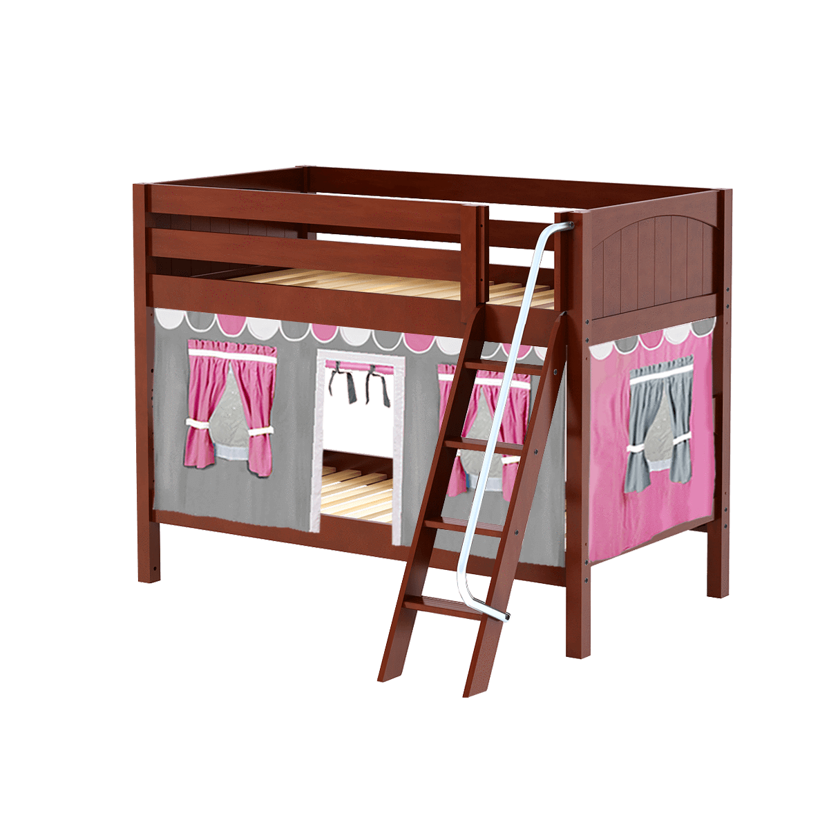 Maxtrix Twin Low Bunk Bed with Angled Ladder + Curtain