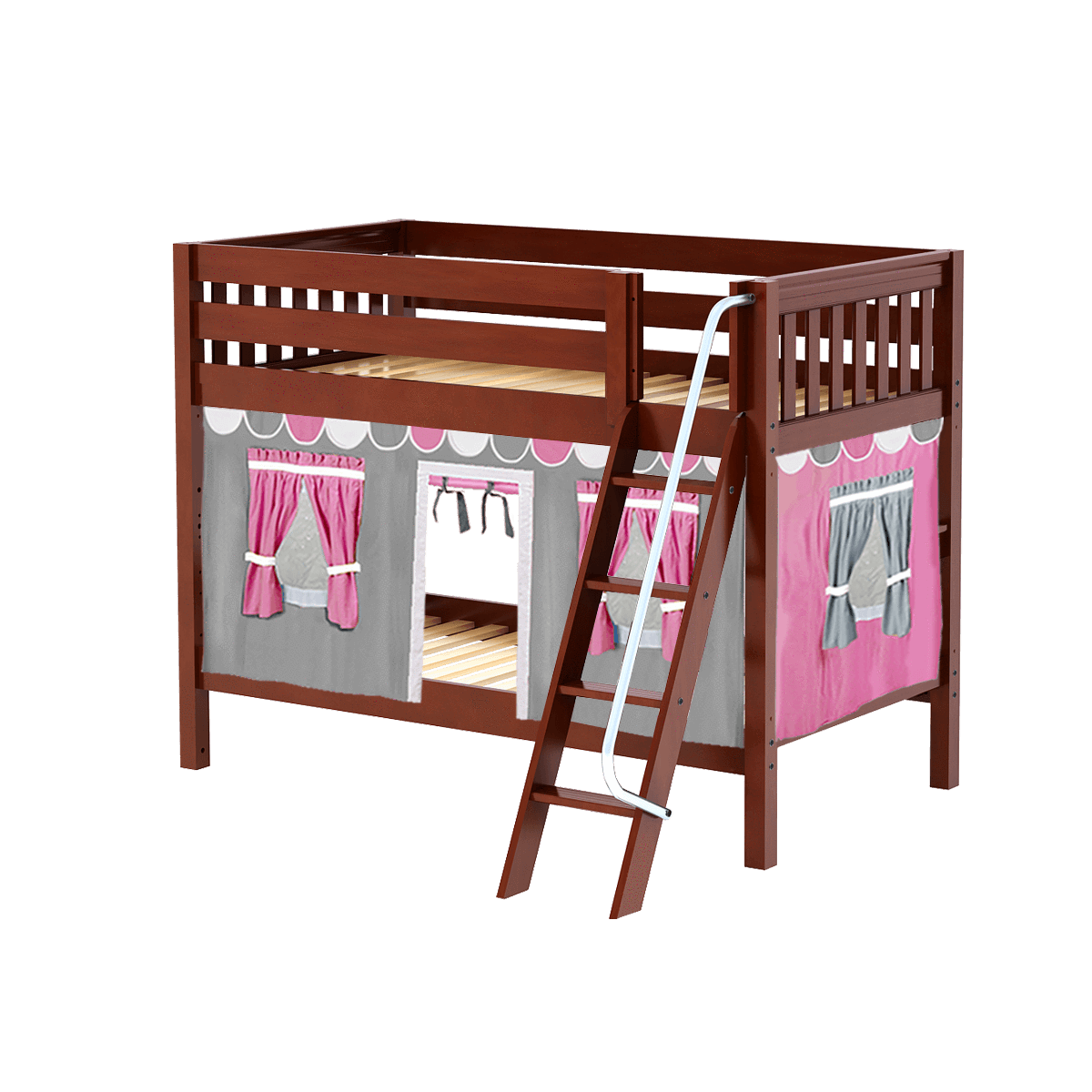 Maxtrix Twin Low Bunk Bed with Angled Ladder + Curtain