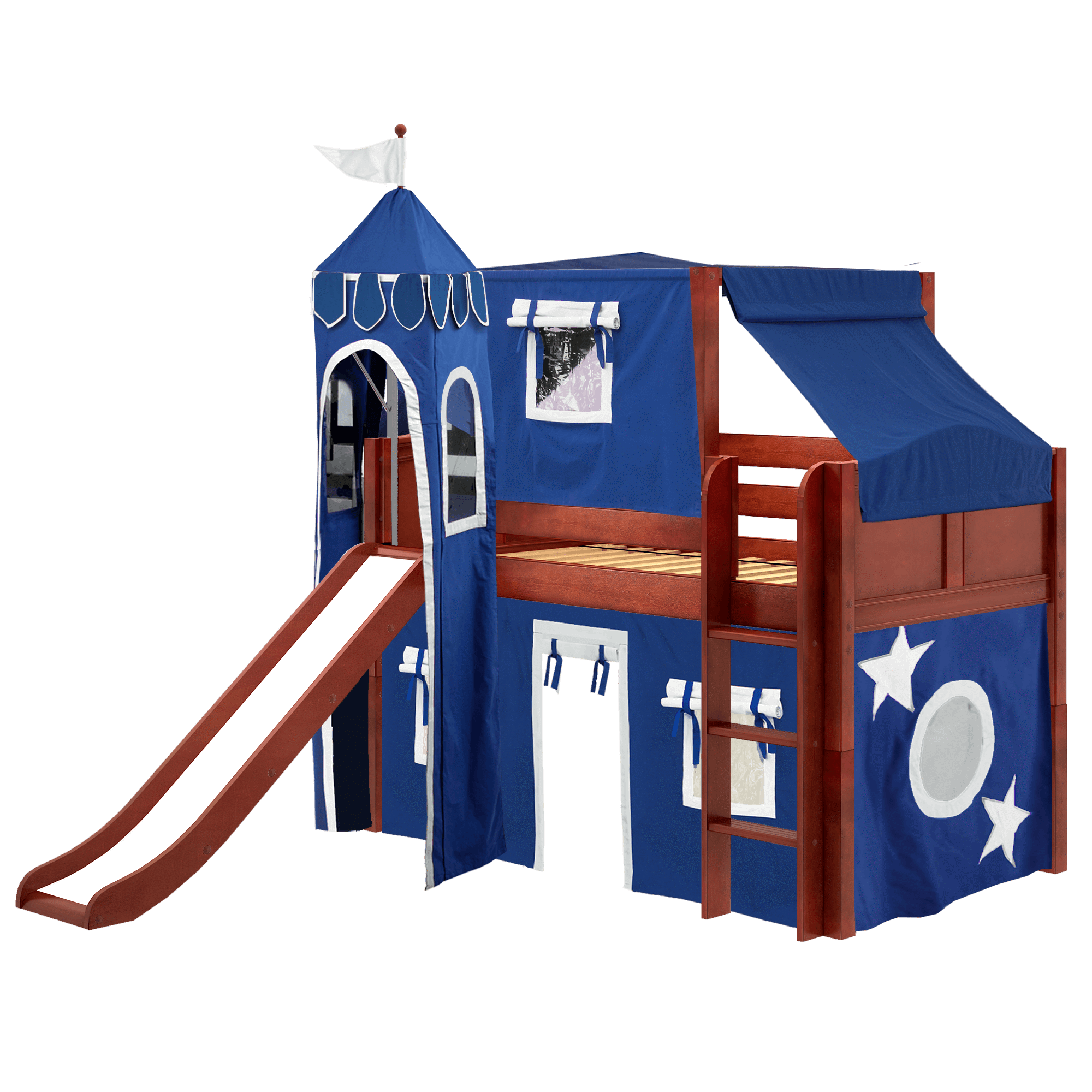 Maxtrix Twin Low Loft Bed with Straight Ladder, Curtain, Top Tent, Tower + Slide