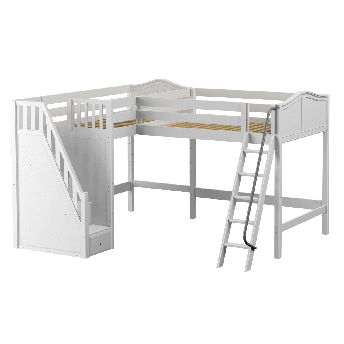 Maxtrix Twin Full High Corner Loft Bed with Ladder + Stairs - L