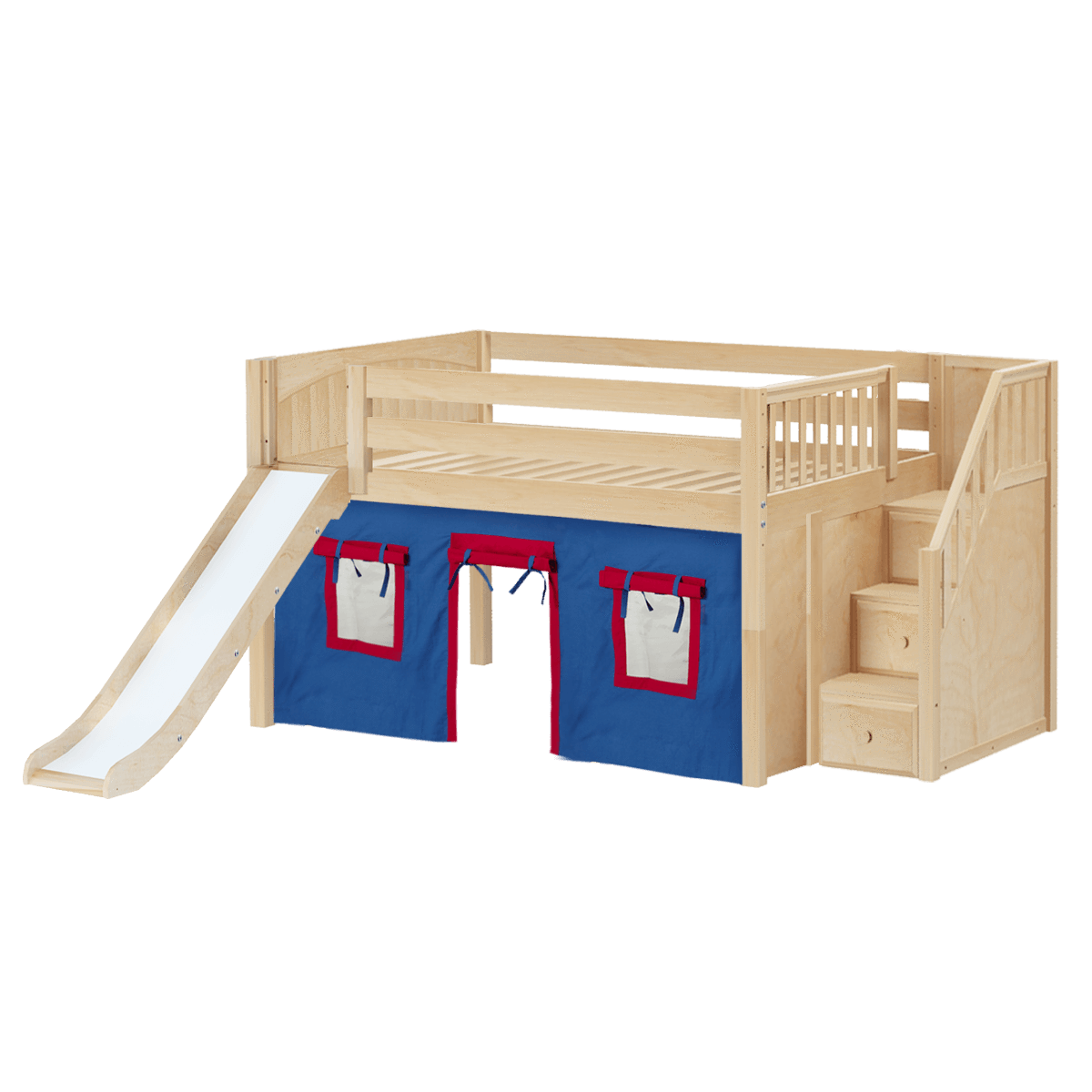 Maxtrix Full Low Loft Bed with Stairs, Curtain + Slide