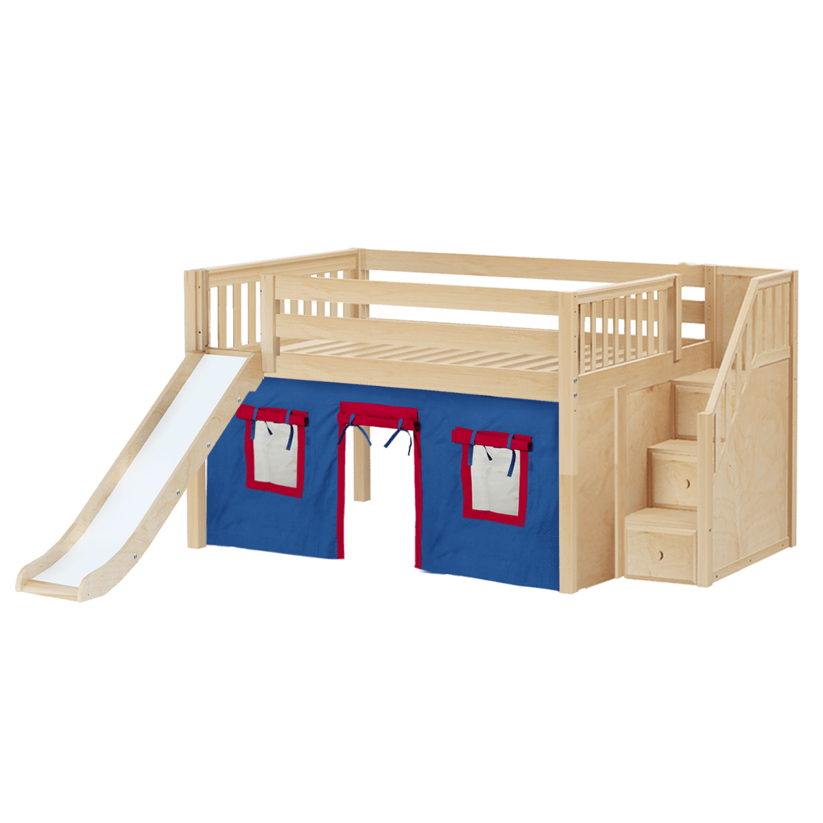 Maxtrix Full Low Loft Bed with Stairs, Curtain + Slide