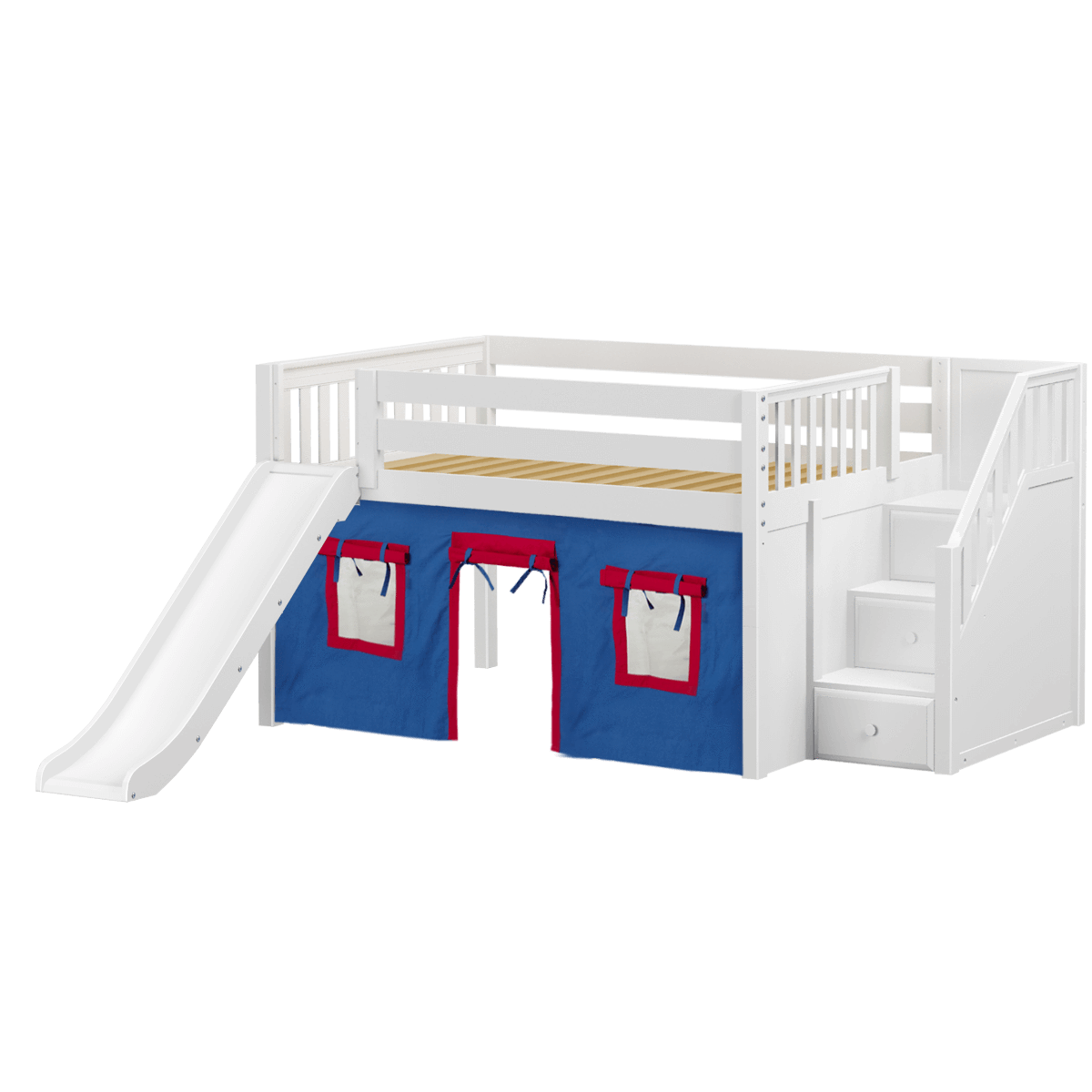 Maxtrix Full Low Loft Bed with Stairs, Curtain + Slide