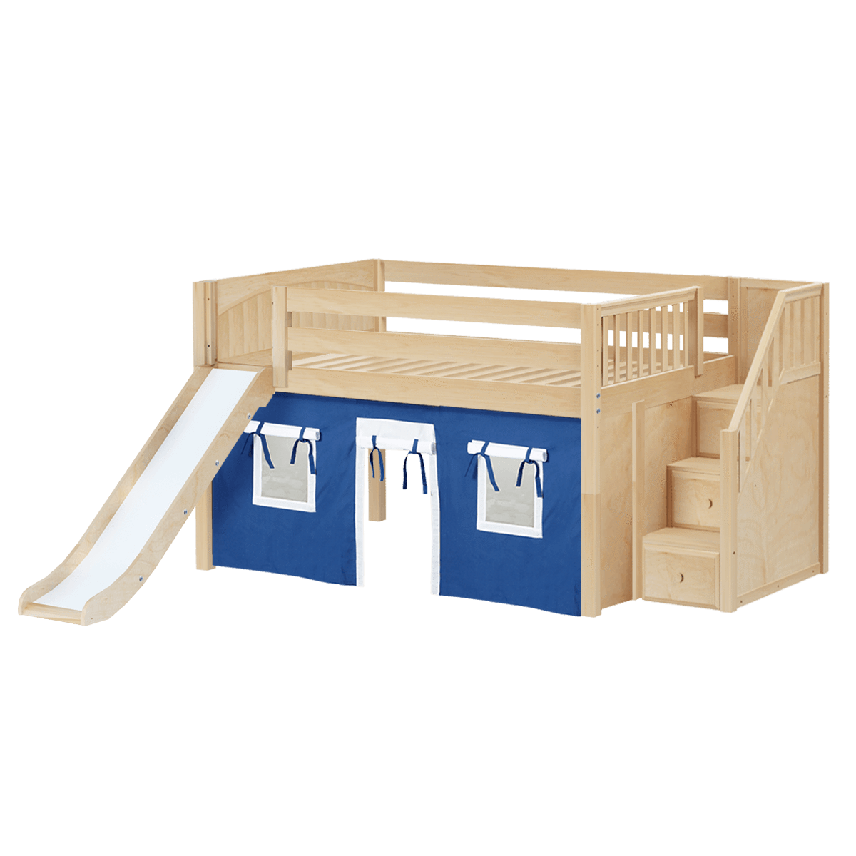 Maxtrix Full Low Loft Bed with Stairs, Curtain + Slide