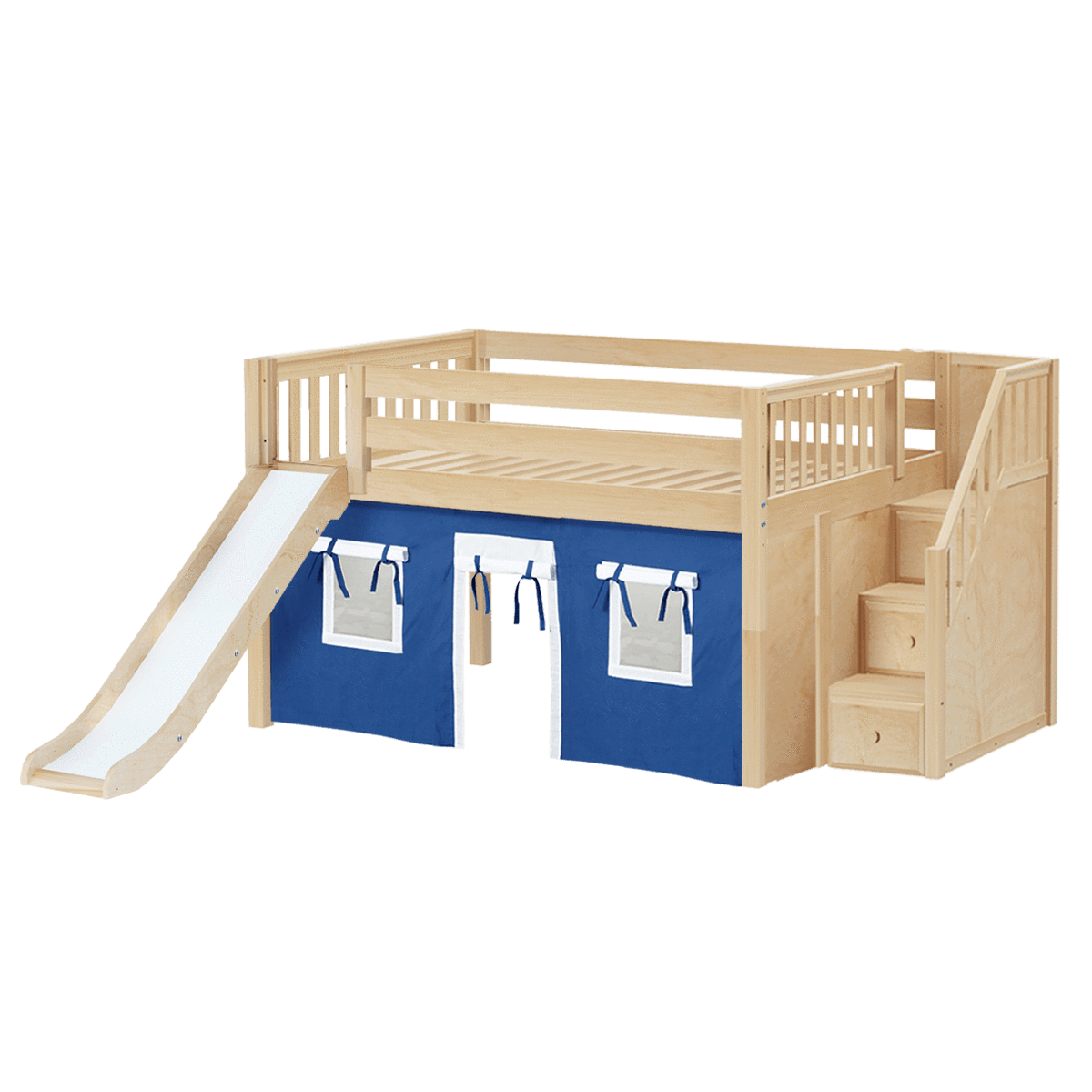 Maxtrix Full Low Loft Bed with Stairs, Curtain + Slide