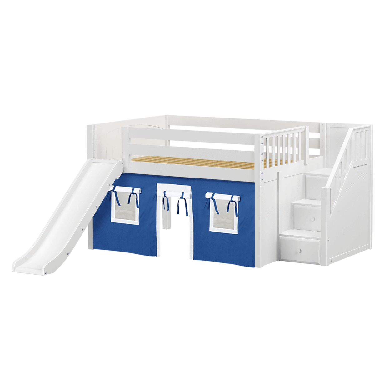 Maxtrix Full Low Loft Bed with Stairs, Curtain + Slide