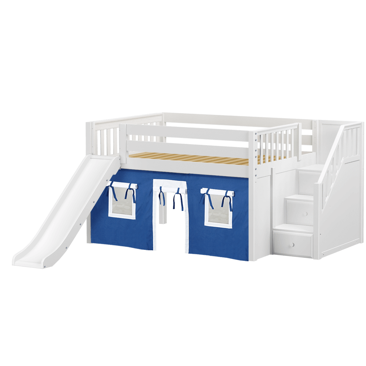 Maxtrix Full Low Loft Bed with Stairs, Curtain + Slide