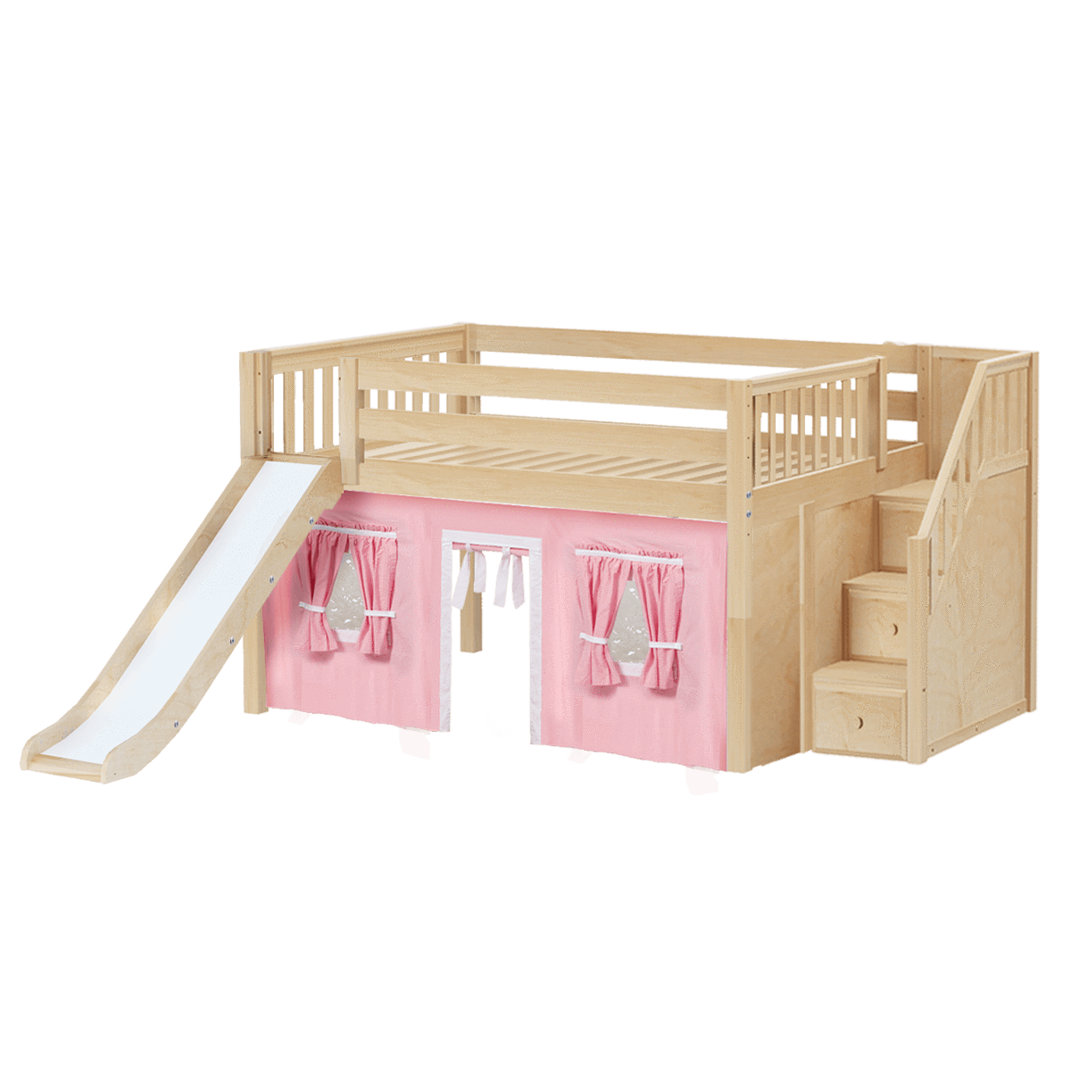 Maxtrix Full Low Loft Bed with Stairs, Curtain + Slide