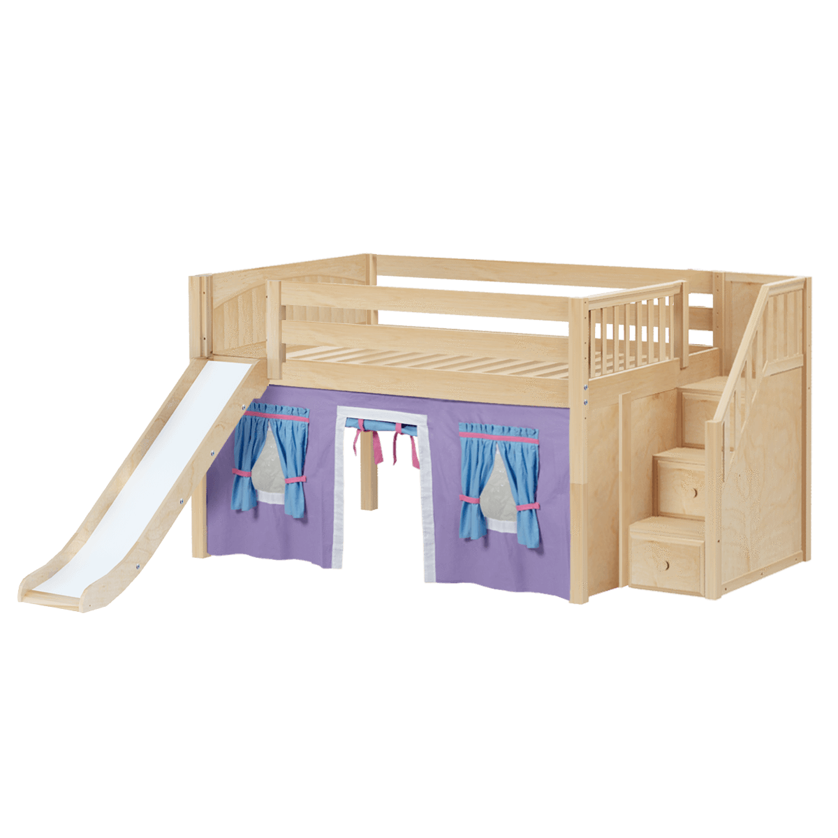 Maxtrix Full Low Loft Bed with Stairs, Curtain + Slide