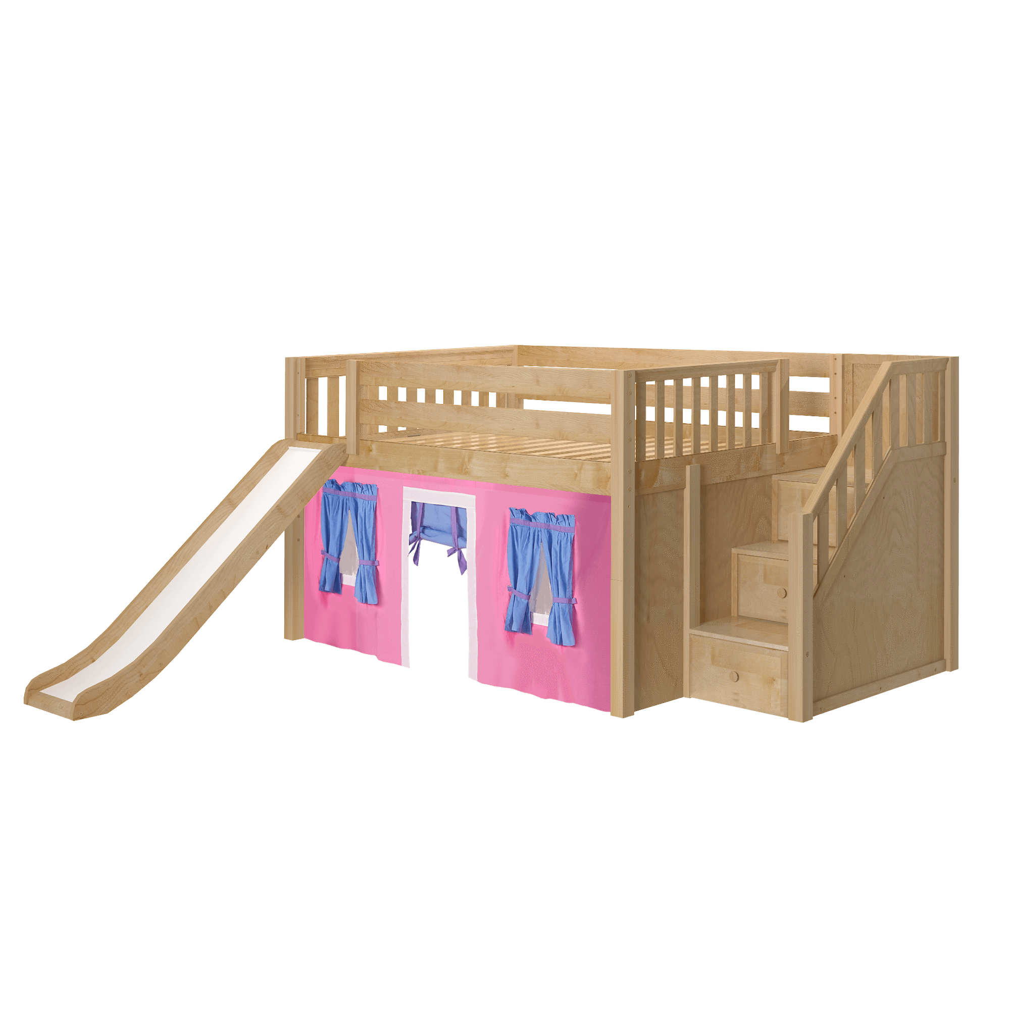 Maxtrix Full Low Loft Bed with Stairs, Curtain + Slide