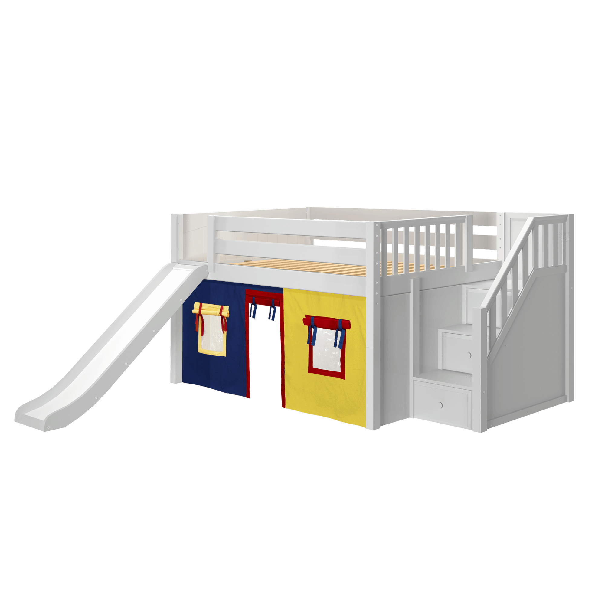 Maxtrix Full Low Loft Bed with Stairs, Curtain + Slide