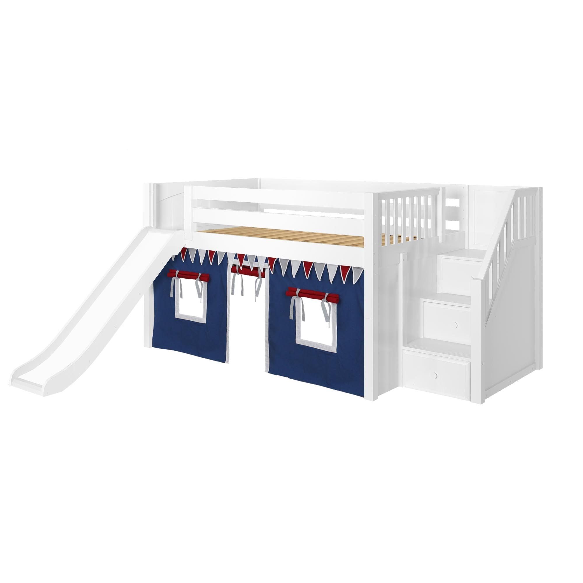 Maxtrix Full Low Loft Bed with Stairs, Curtain + Slide