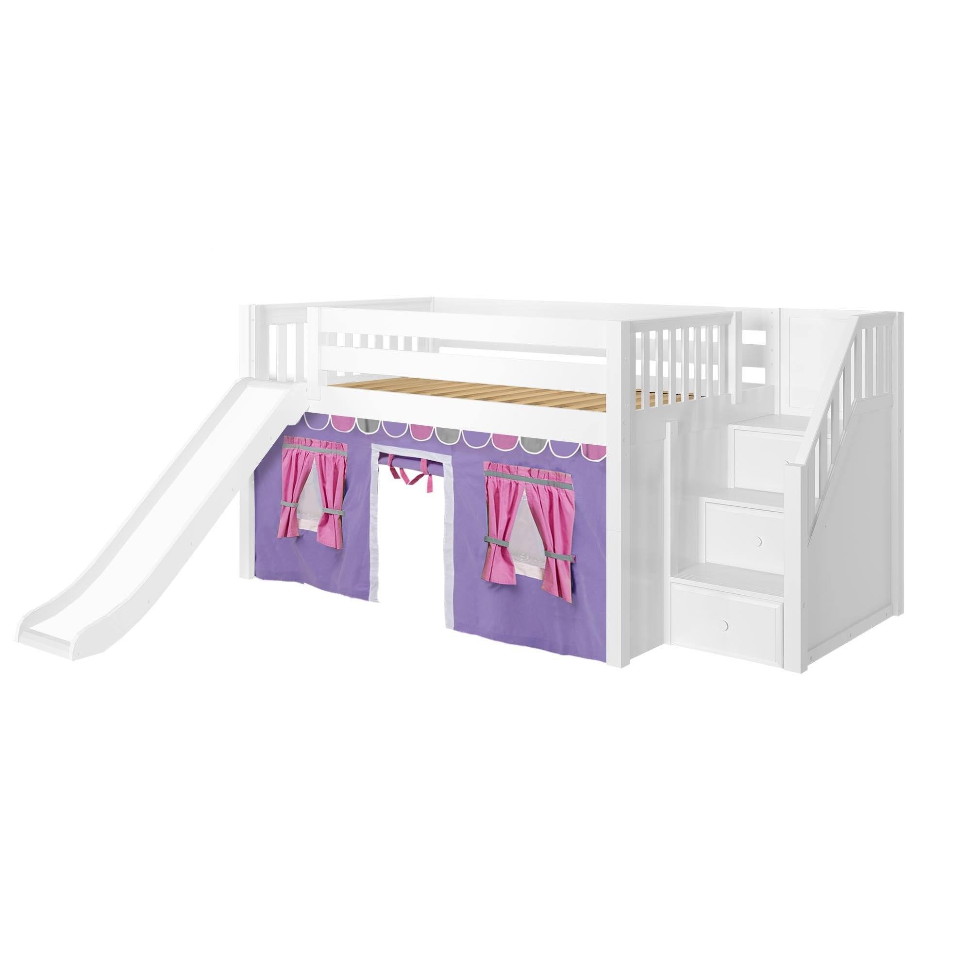 Maxtrix Full Low Loft Bed with Stairs, Curtain + Slide