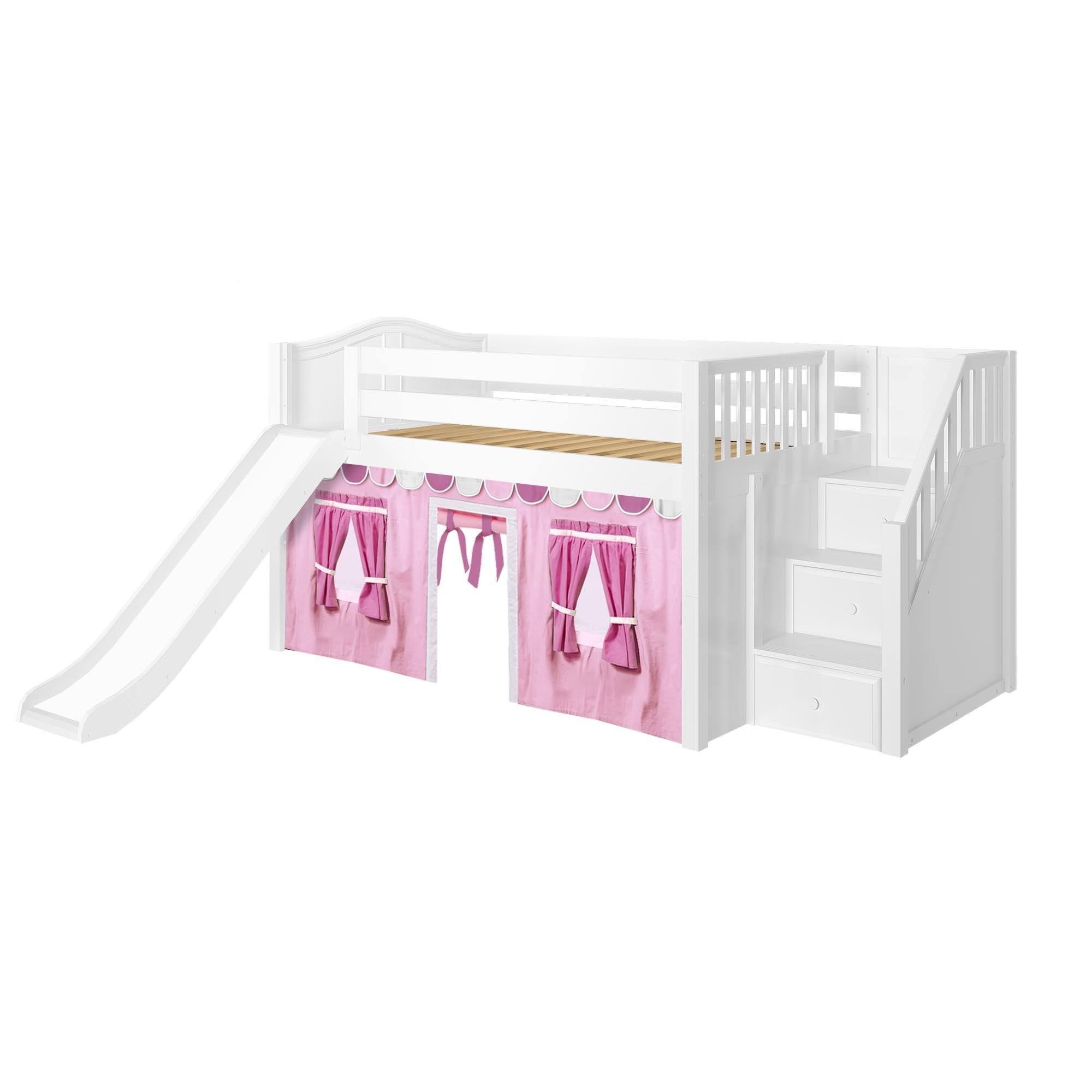 Maxtrix Full Low Loft Bed with Stairs, Curtain + Slide