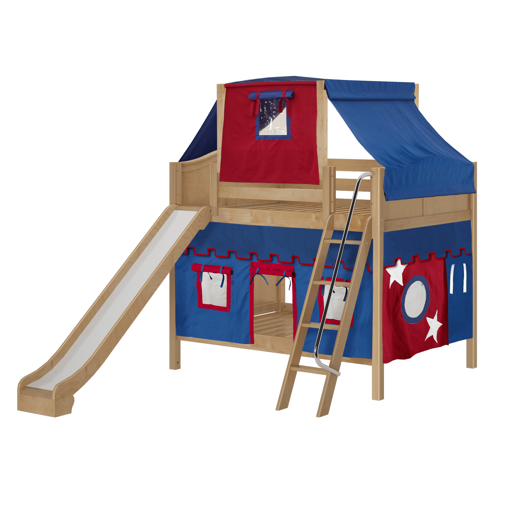 Maxtrix Full Medium Bunk Bed with Angled Ladder, Curtain, Top Tent + Slide