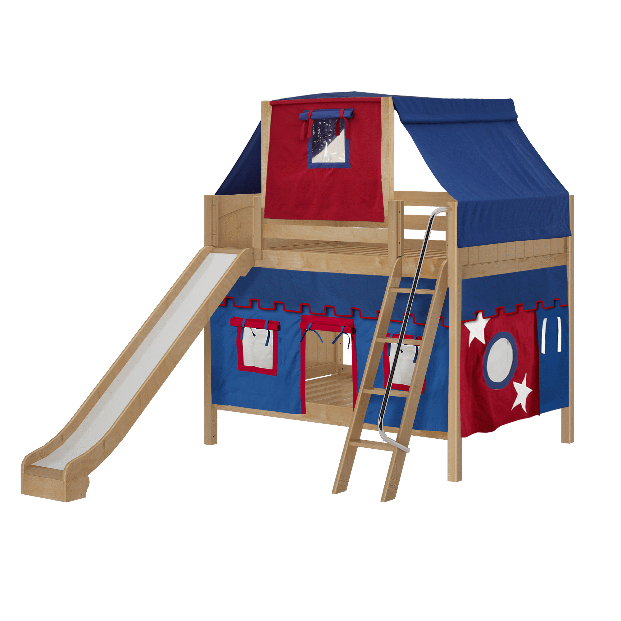 Maxtrix Full Medium Bunk Bed with Angled Ladder, Curtain, Top Tent + Slide