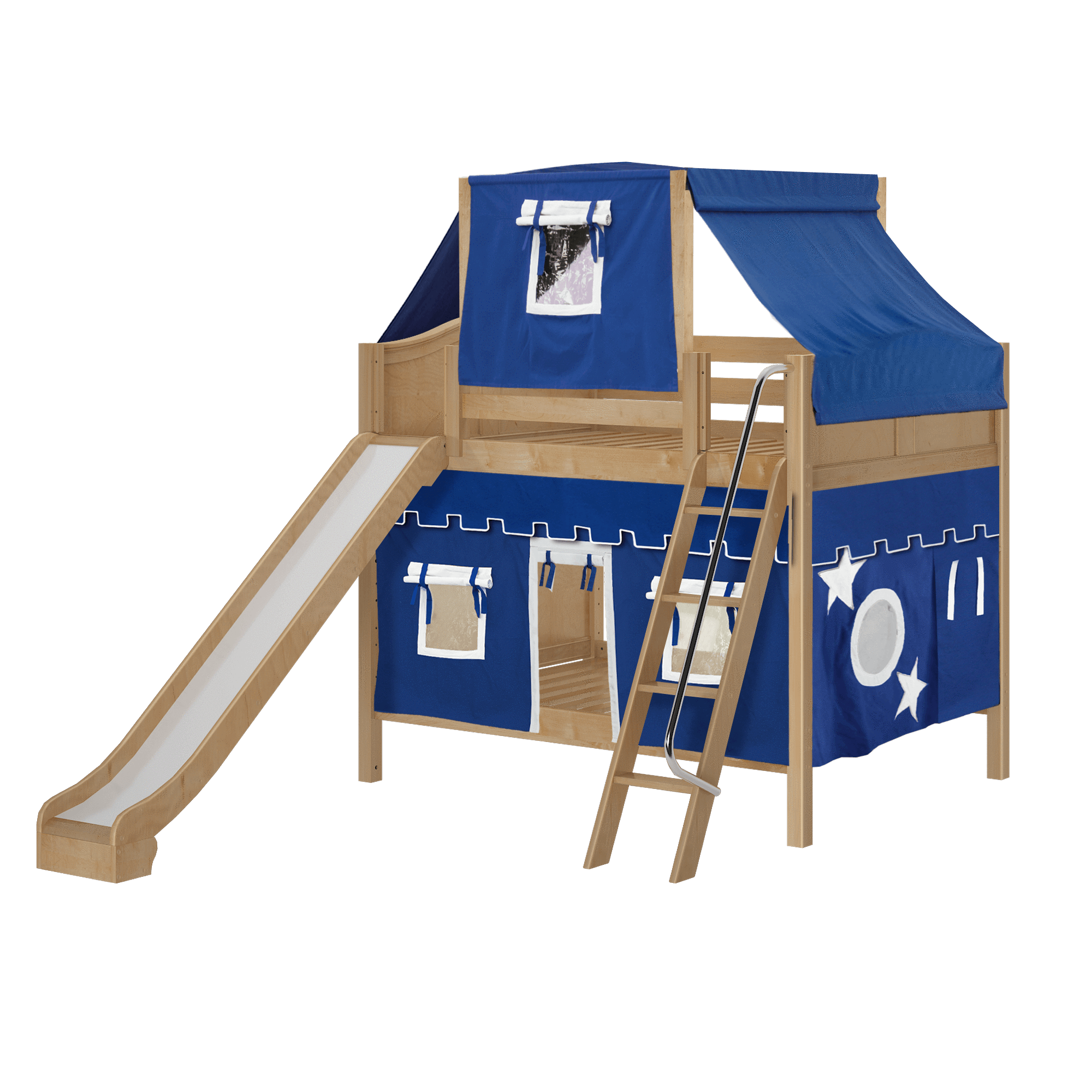 Maxtrix Full Medium Bunk Bed with Angled Ladder, Curtain, Top Tent + Slide