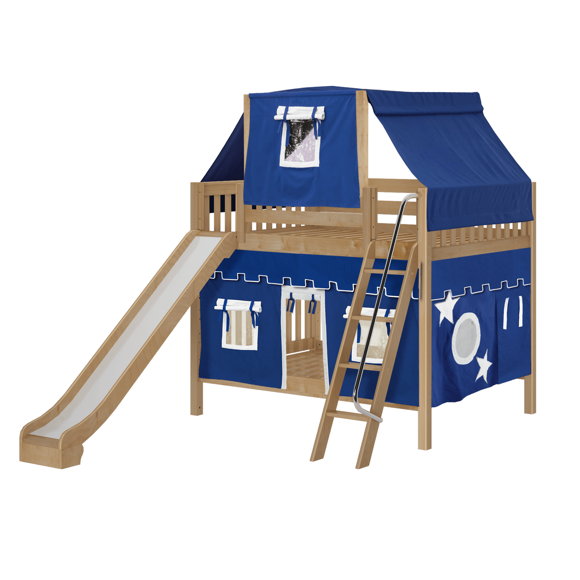 Maxtrix Full Medium Bunk Bed with Angled Ladder, Curtain, Top Tent + Slide