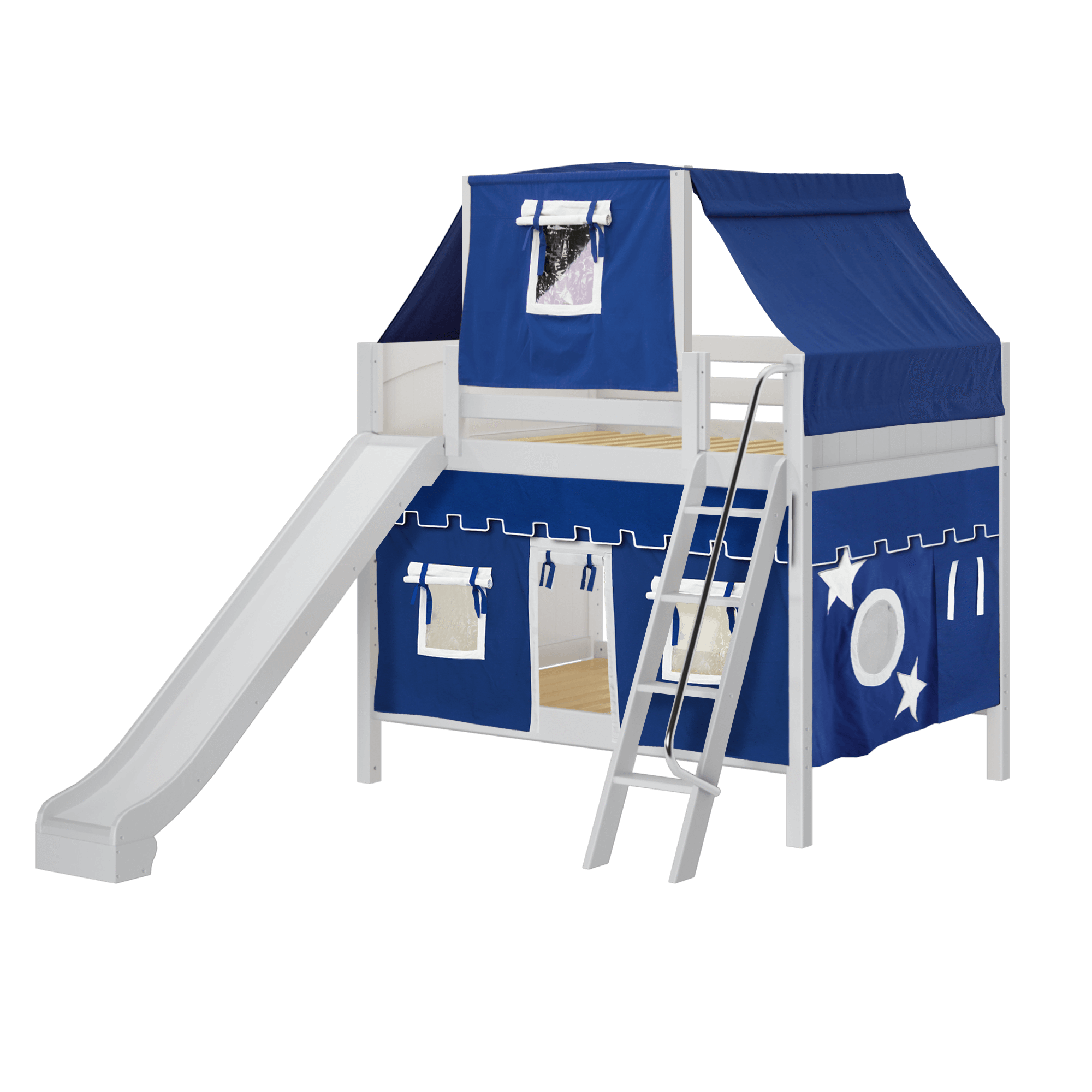 Maxtrix Full Medium Bunk Bed with Angled Ladder, Curtain, Top Tent + Slide