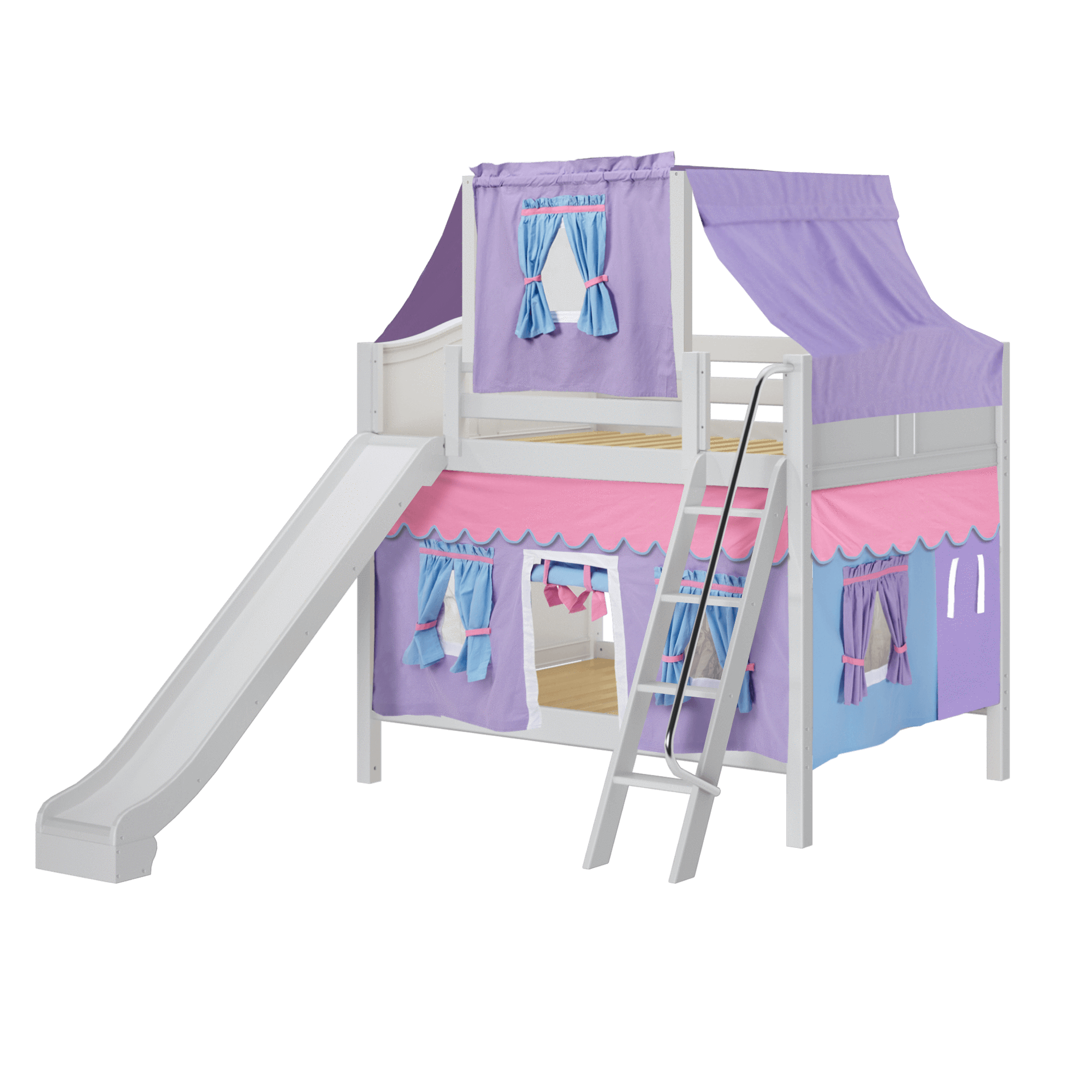 Maxtrix Full Medium Bunk Bed with Angled Ladder, Curtain, Top Tent + Slide