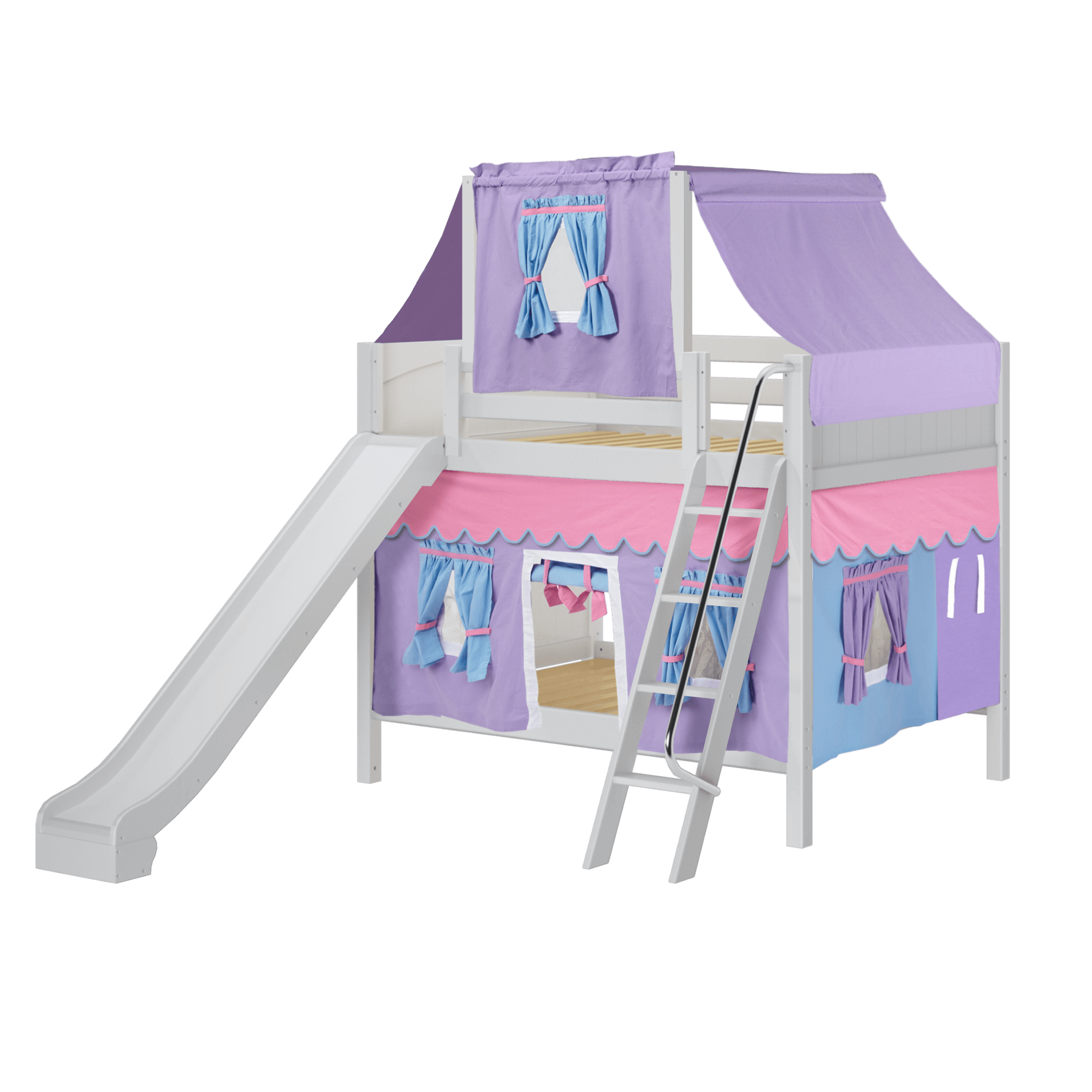 Maxtrix Full Medium Bunk Bed with Angled Ladder, Curtain, Top Tent + Slide