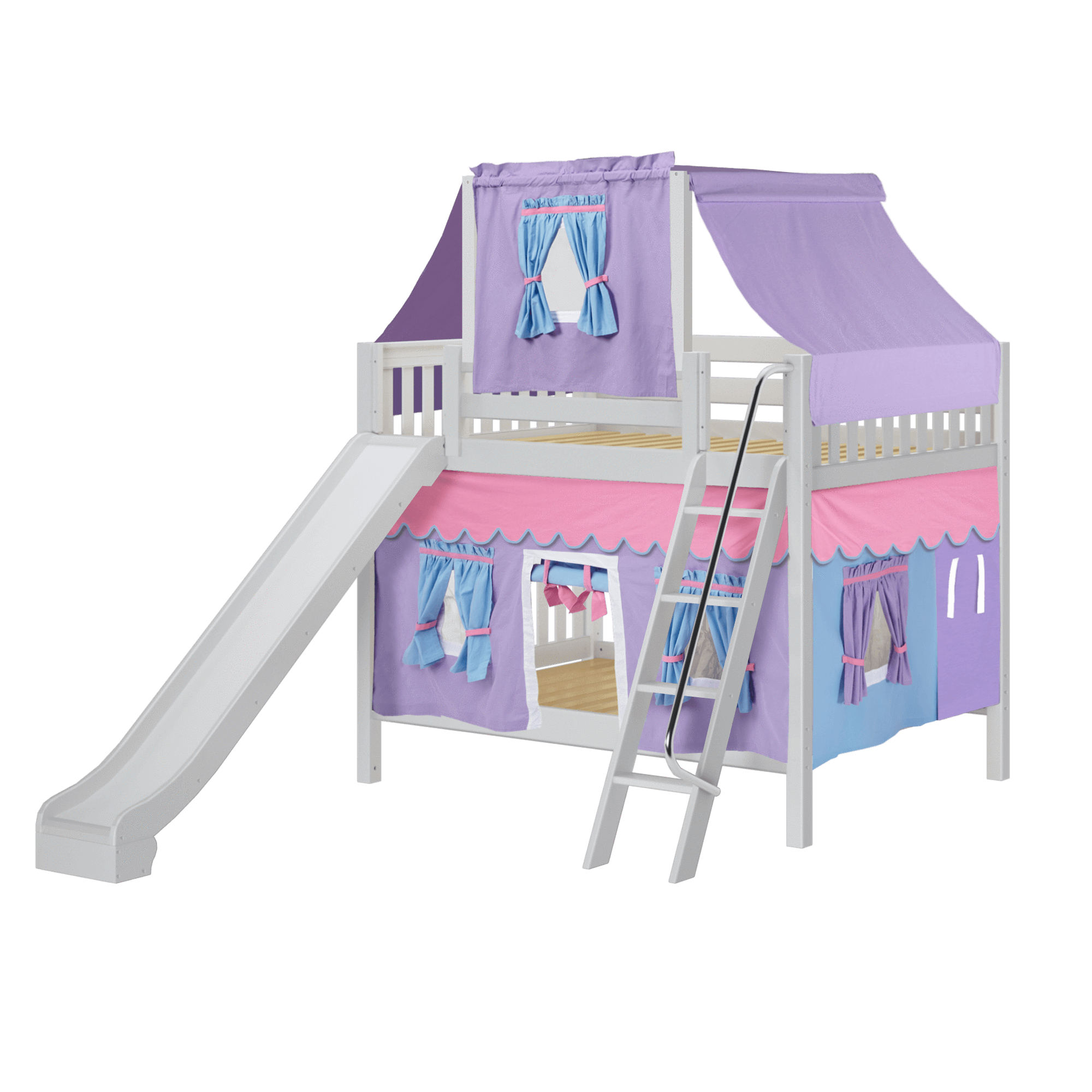 Maxtrix Full Medium Bunk Bed with Angled Ladder, Curtain, Top Tent + Slide